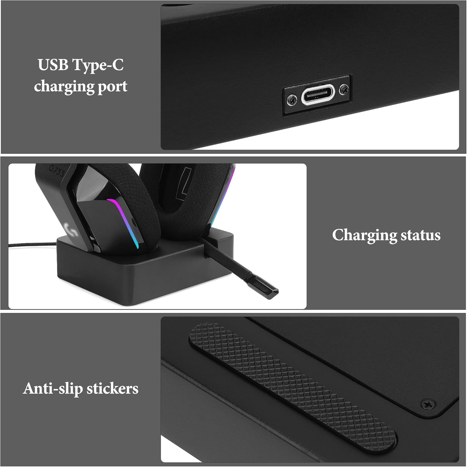 Geekria Headphones Charging Stand for Logitech G733 Lightspeed Wireless Gaming Headset, 3D Printed Resin Magnetic Dock, Gaming Headset Base (Black) image number 2