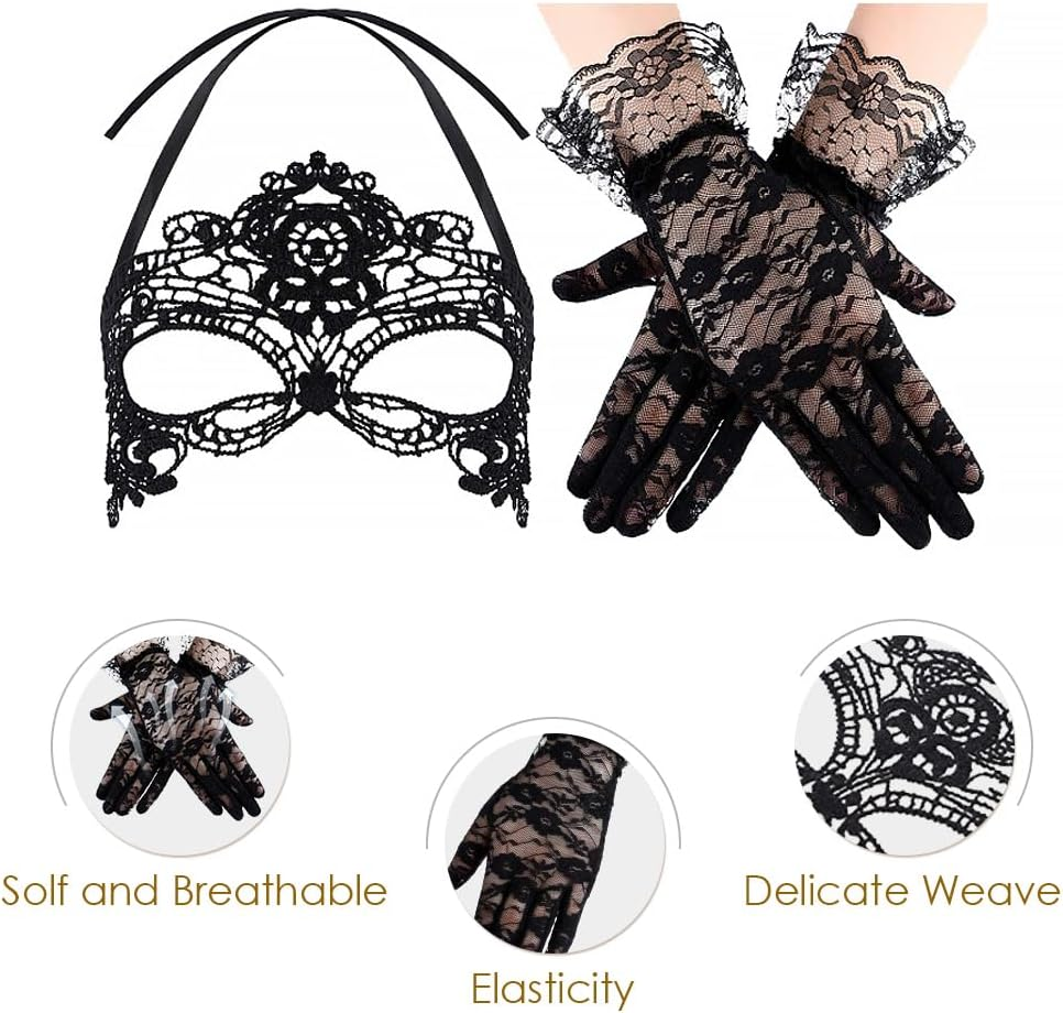 WOTOW 4Pcs Halloween Masquerade Costume, Women Girls Black Gothic Choker Lace Mask Elegant Mesh Lace Gloves Retro Earring for Victorian Steampunk Jewelry Party Wedding Cosplay Suit image number 6