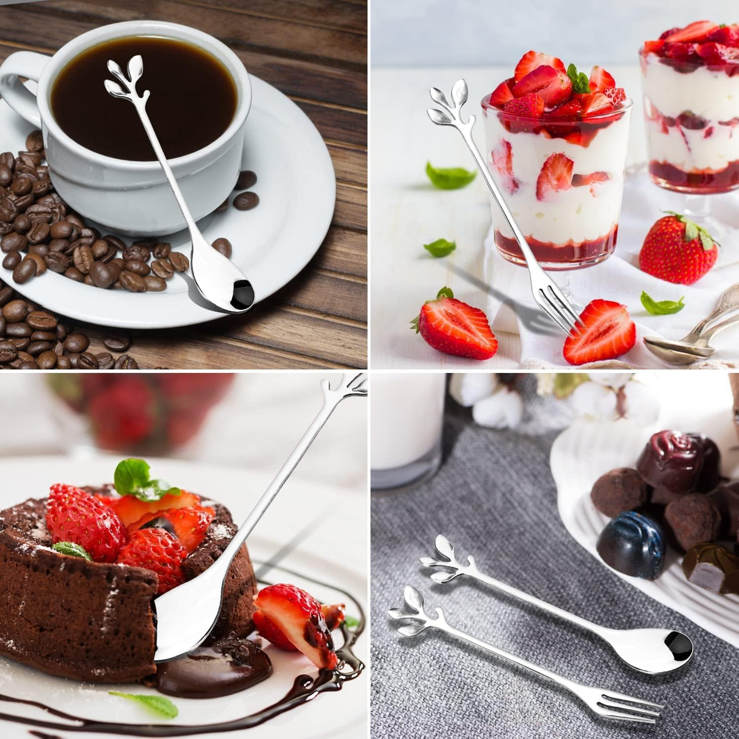 Stainless Steel Leaf Appetizercake Fruit Fork,10Pcs Leaf Handle Small Coffee Spoons and Dessert Fork,Stainless Steel Leaf Coffee Spoon and Fork,Stainless Steelleafcoffeespoonandfruitfork,Silver - Silver image number 3