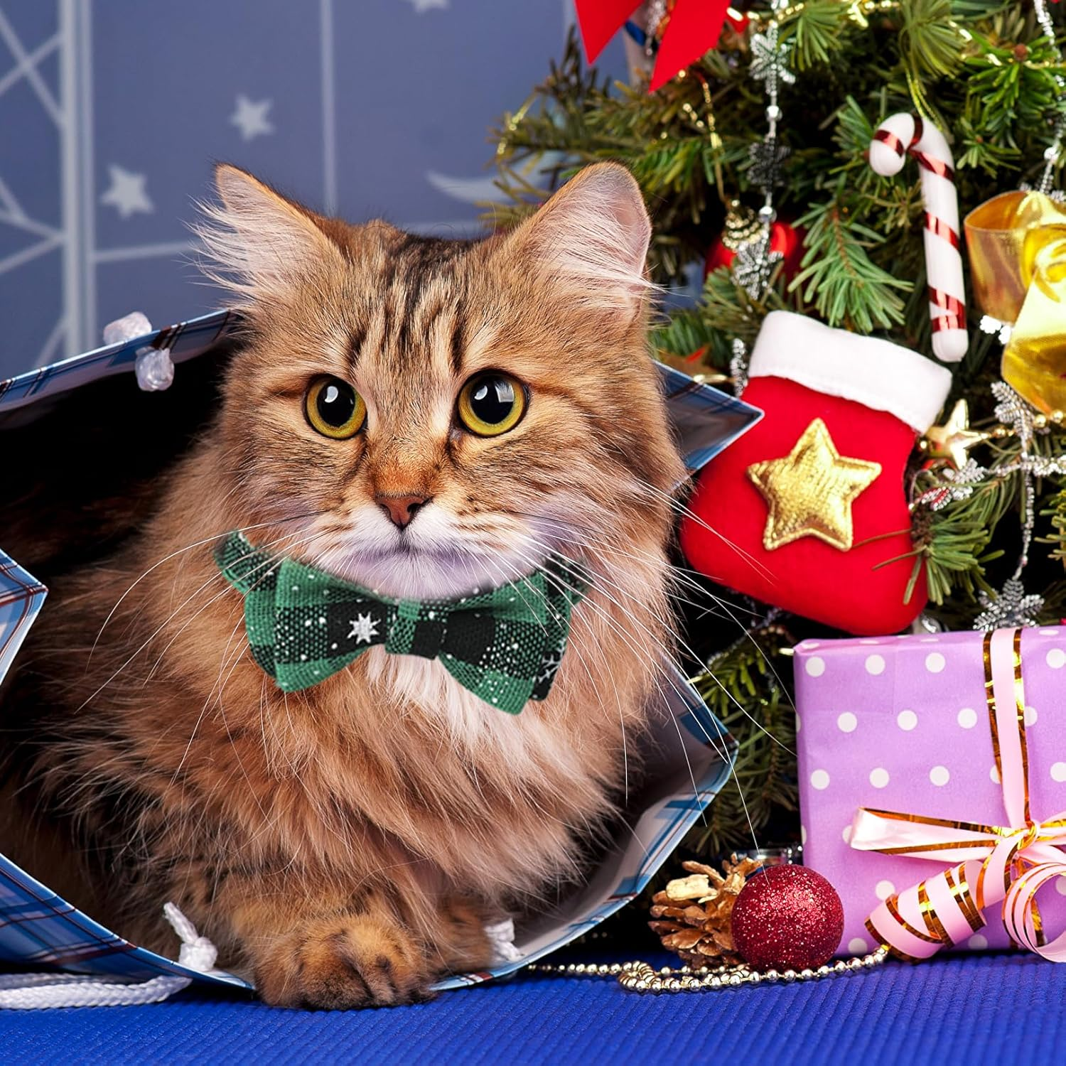 2Pcs Christmas Cat Bow Tie Collars with Bells, Adjustable Cat Collars with Quick Release Buckles, Christmas Red Green Plaid Kitten Collars Bow Ties, Cat Dog Pet Christmas Outfit Costume Accessories image number 4