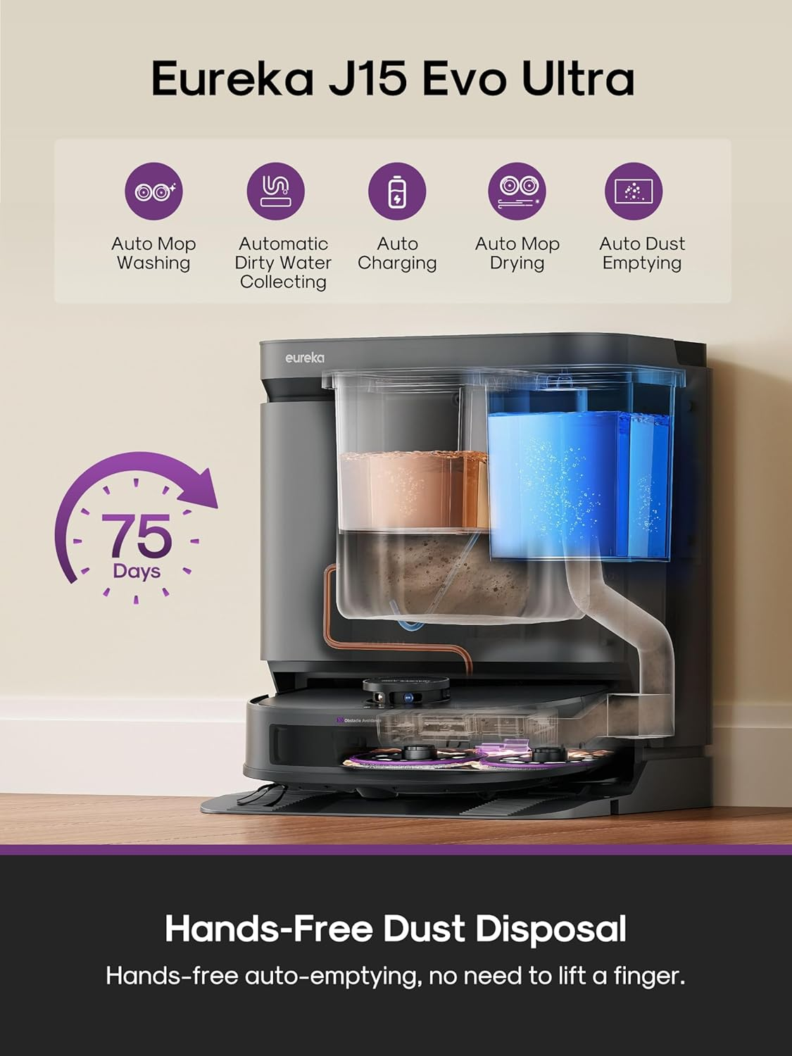 Eureka J15 Evo Ultra Robot Vacuum Cleaner and Mop, 22,000Pa Suction, Flex-Arm Mop Design for Edge Cleaning, Auto Mop Washing & Hot Air Drying, Anti-Tangle with Drangonclaw&trade; Side Brush image number 4