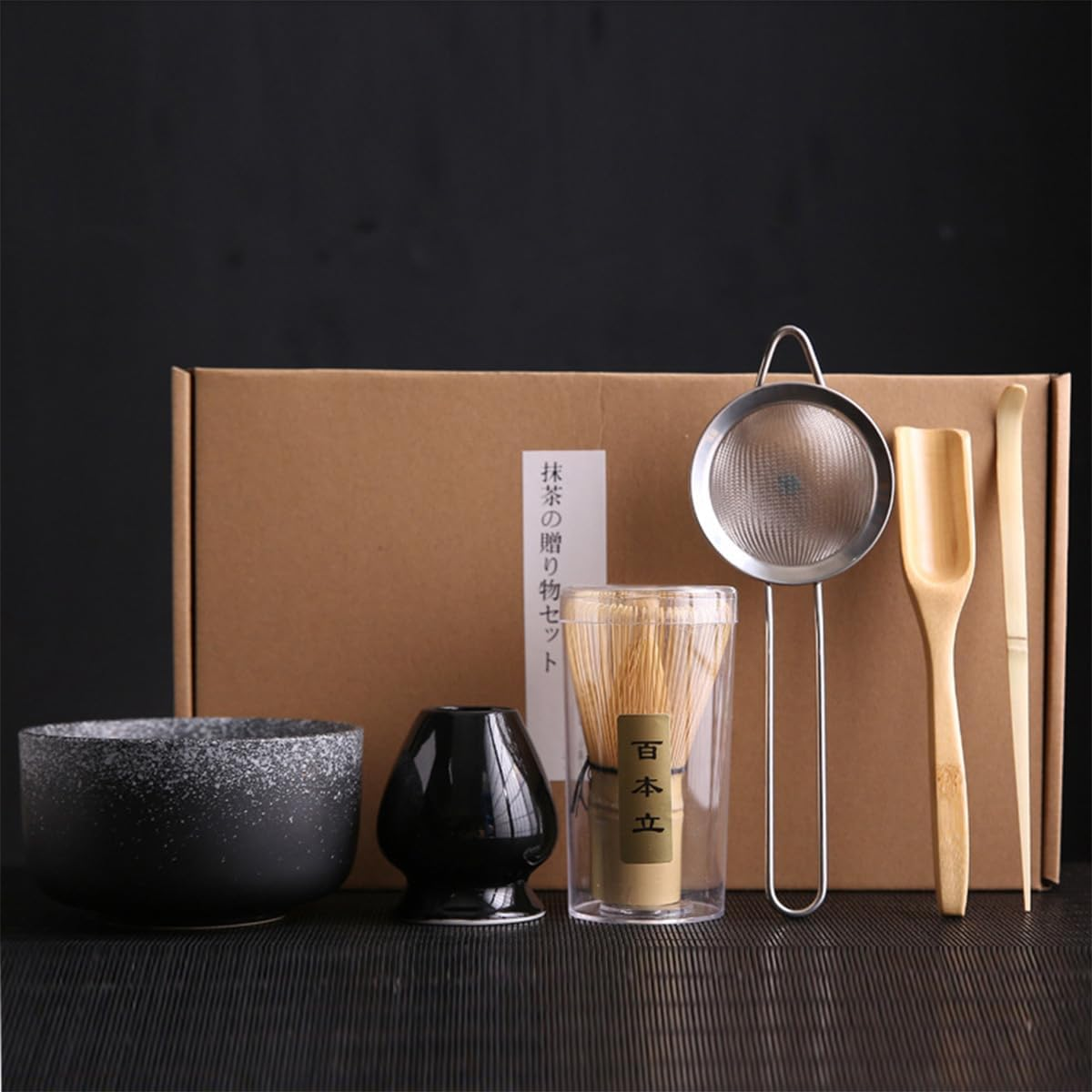 6PCS Matcha Whisk Set -Unique Japanese Matcha Set, Great Matcha Bowl and Bamboo Matcha Whisk, Scoop, Spoon, Sifter, Whisk Holder, Perfect Matcha Kit for Matcha Tea Ceremony, Yao Bian, Powder Black