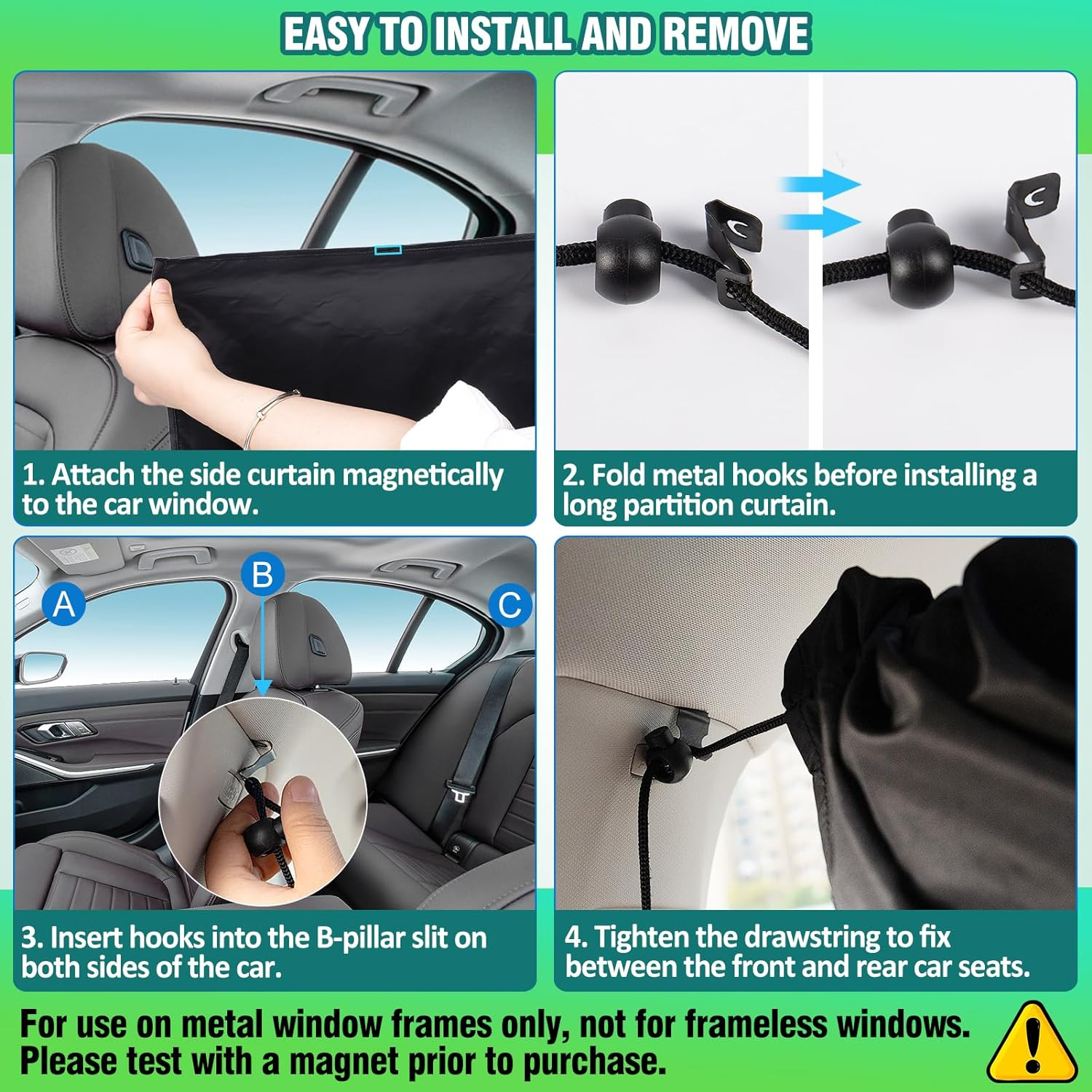 PAMASE Set of 5 Car Privacy Curtains - 4 Magnetic Side Window & 1 Rear Seat Divider Curtain with Storage Bag, Sun Baby Shades Screen Covers for Sedan SUV Camping Travel Nap Sleeping, Black image number 2