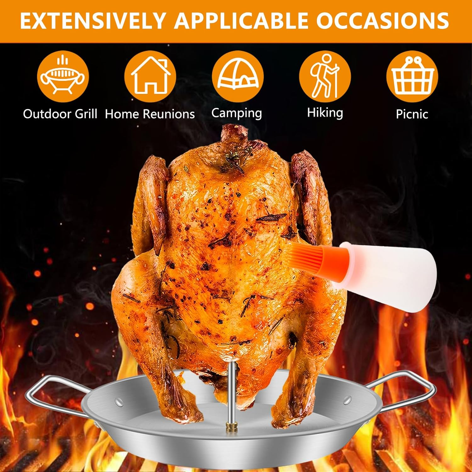 Vertical Skewer Grill, Stainless Steel Al Pastor Skewer with 3 Removable Spikes 8/10/12 Inch Oil Brush, Reusable Vertical Barbecue Rack, Shawarma Kebabs Smoker Oven BBQ Dishes image number 4