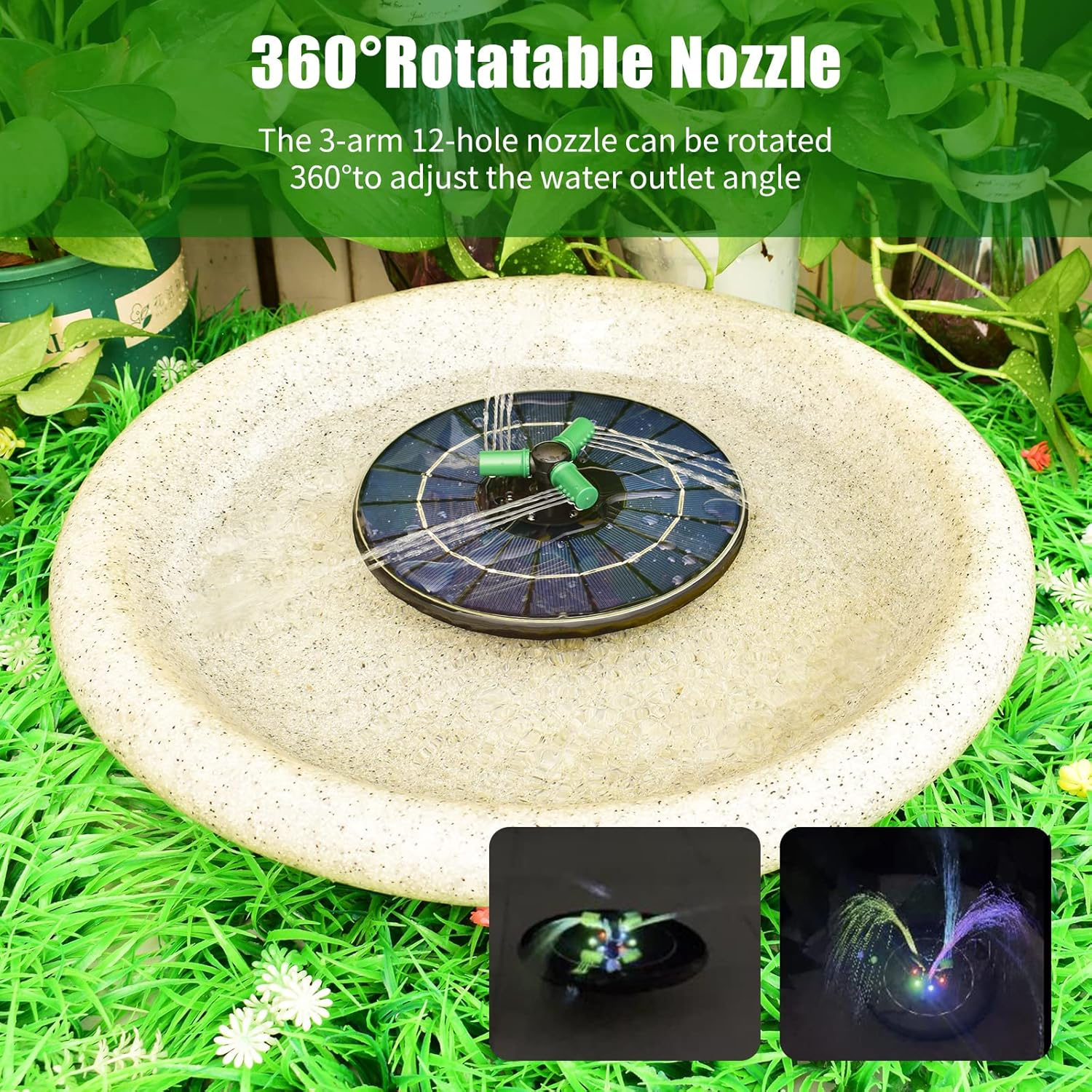 4W Colorful Solar Fountain Pump with 360&deg;Rotatable Nozzle RGB LED Light Solar Water Pump with Battery Free Standing Auto-Shut off Circle Fountain for Bath Garden Small Pond image number 3