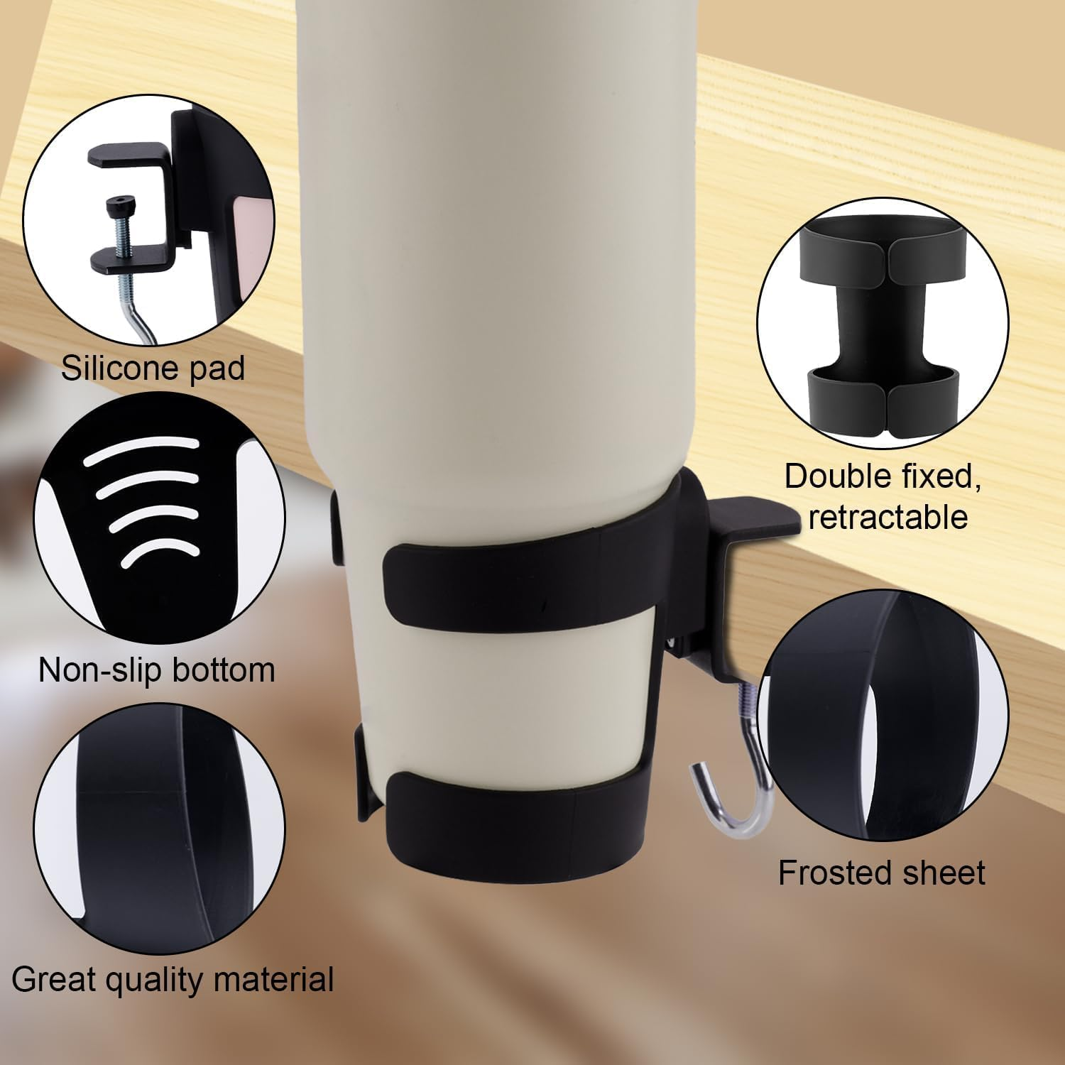 Shuoteng 1Pc anti Spill Desk Cup Holder with Hanger, 2-In-1 Table Desk Cup Holder, 2-In-1 Anti-Spill Table Cup Clamp with Hanger