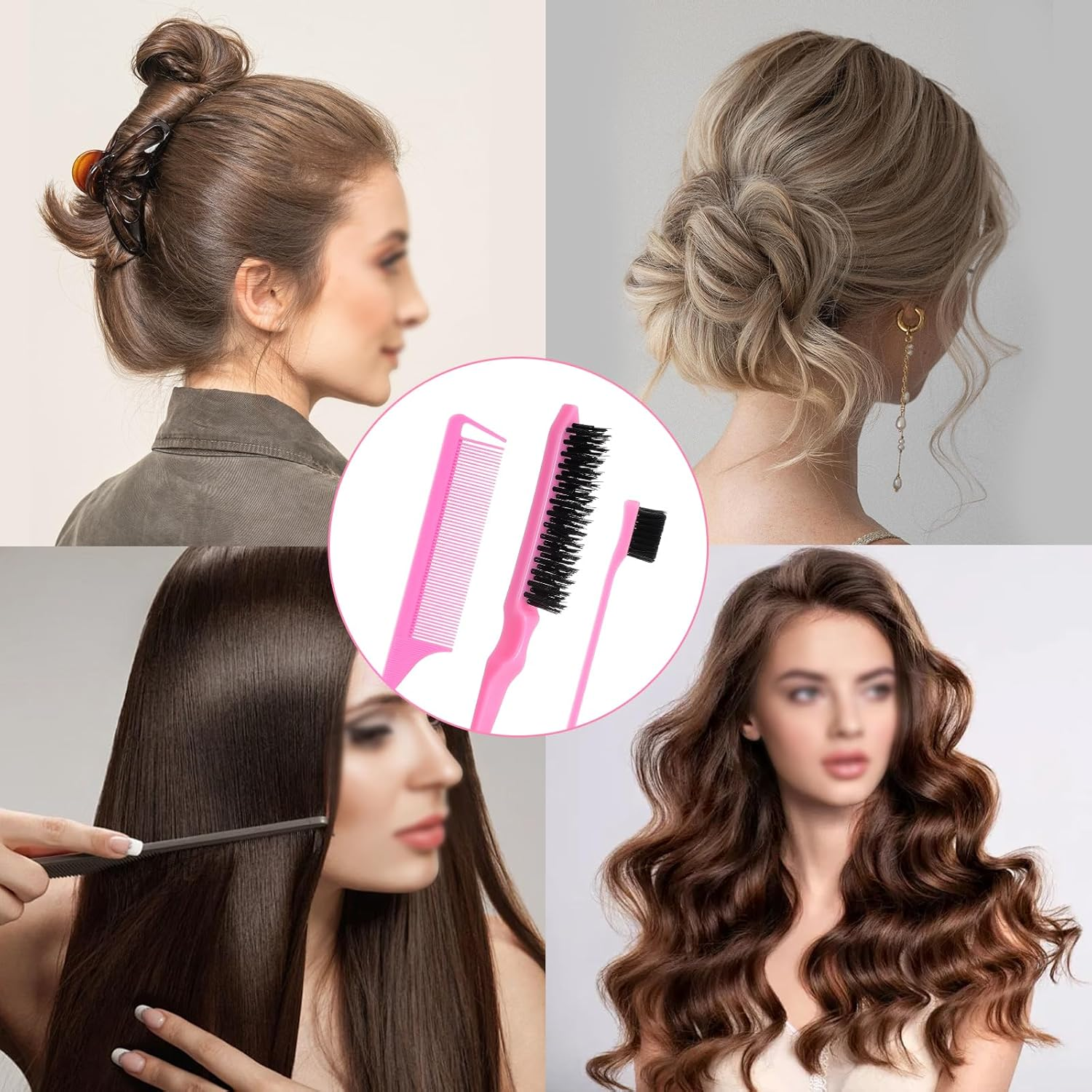Hongien Sleek Bun Brush Edge Brush Rat Tail Comb Teasing Hair Brush Toupee Brush Baby Hair Suitable Sleek Braid Set for Hairdressers Women Baby Children Pack of 3 image number 1
