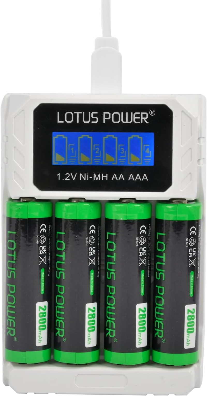 LOTUS POWER Universal 4 Slot Battery Charger & 1.2 V Ni-Mh AA Batteries Set, LCD AA Charger & Nimh AA Rechargeable Battery (1 Charger & 4 Batteries)