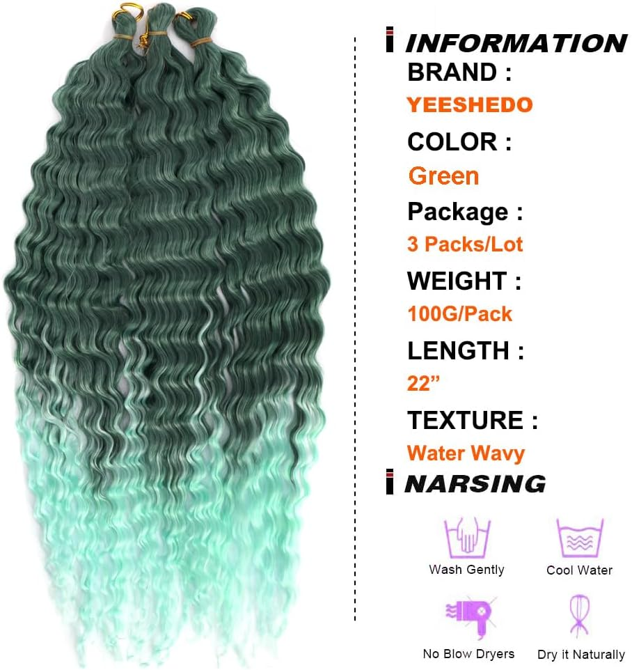 22 Inch 3 Packs Green Ombre Deep Twist Crochet Hair Ocean Wave Curly Bohemian Crochet Braids Deep Wave Hair Bundles Synthetic Hair Extensions for Women Girls image number 2