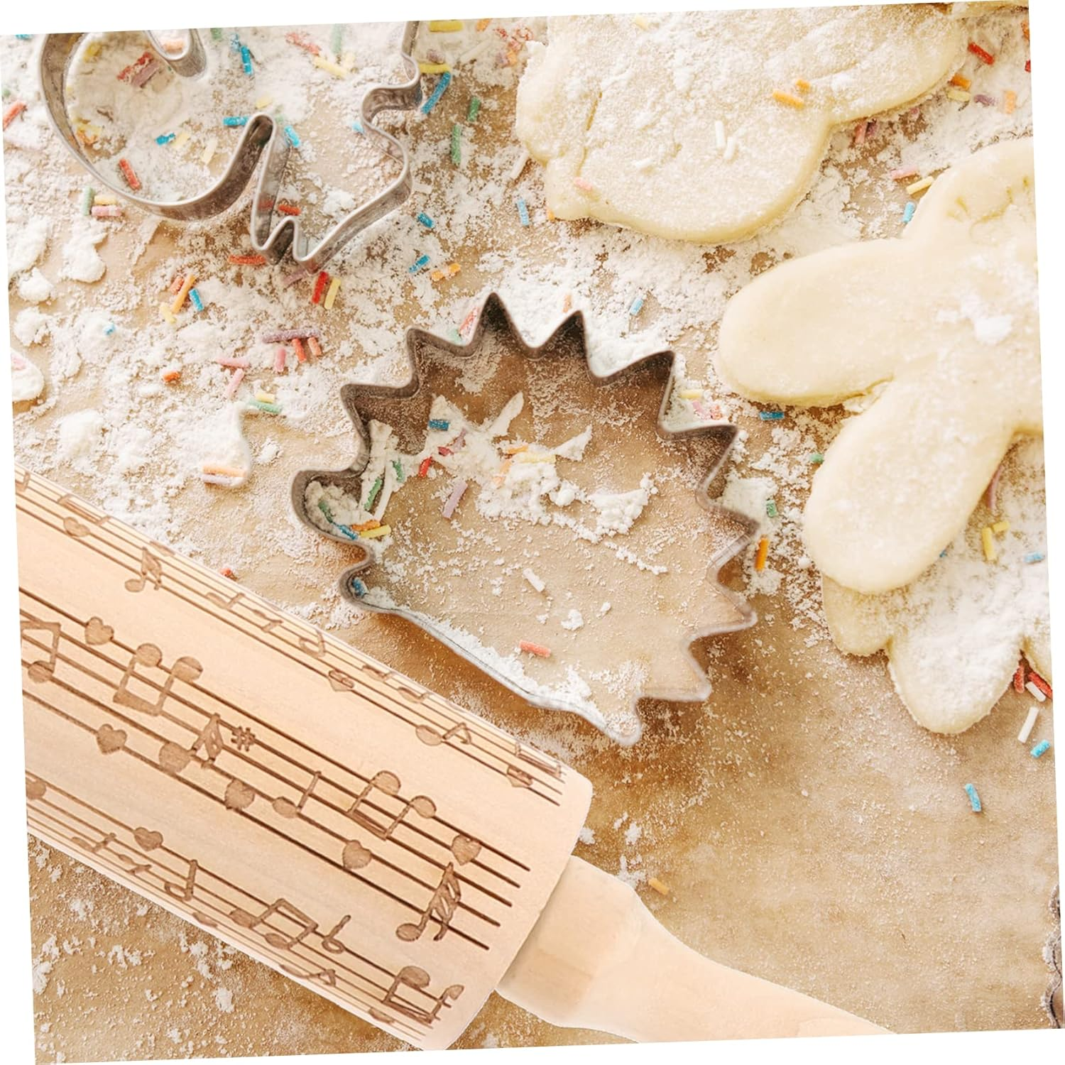 WOONEKY Wooden Dough Roller Non-Stick Rolling Pin for Baking Embossed Christmas Cookie Pattern Multi-Use Pasta Pressing Tool Kitchen Dough Roller image number 2