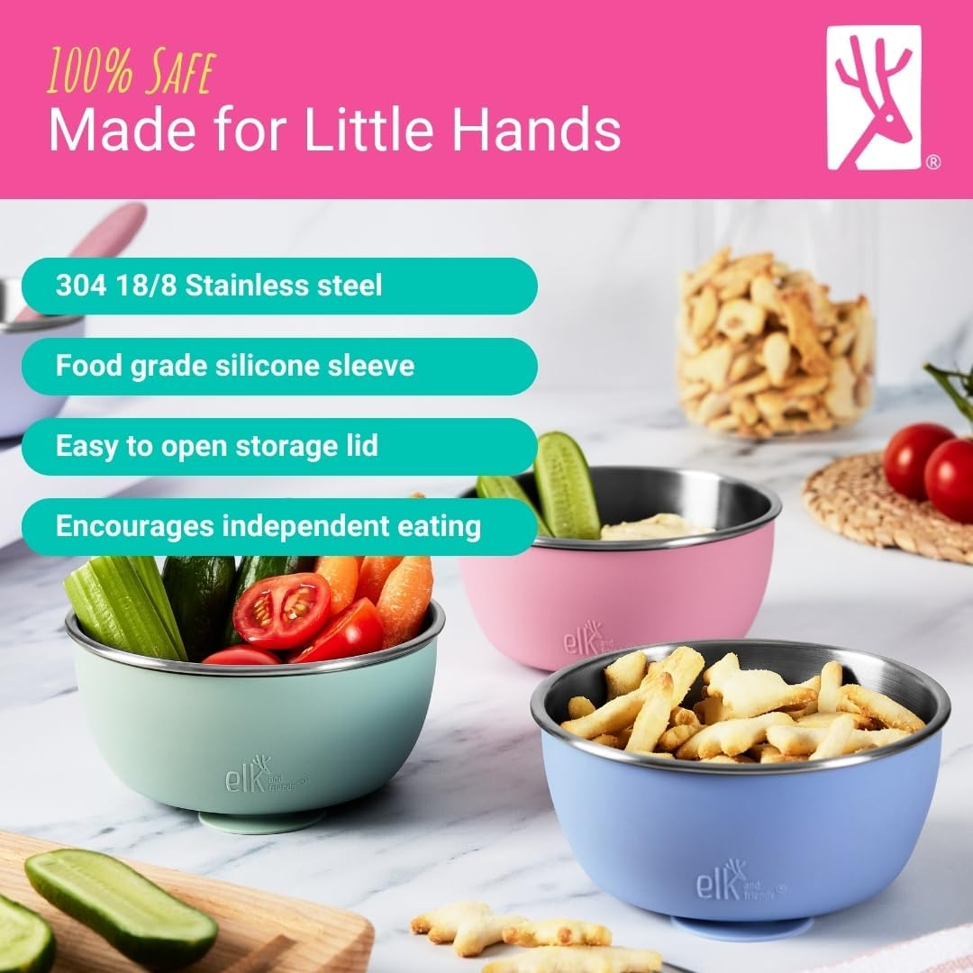 Elk and Friends Kids Stainless Steel Bowls with Silicone Suction Sleeves + Lids| Suitable for Babies/Toddlers | Dishwasher Safe | Stay Put Dinnerware | Snack Dishes | 4 Pack - Sage/Misty Blue/Gray /Navy image number 7