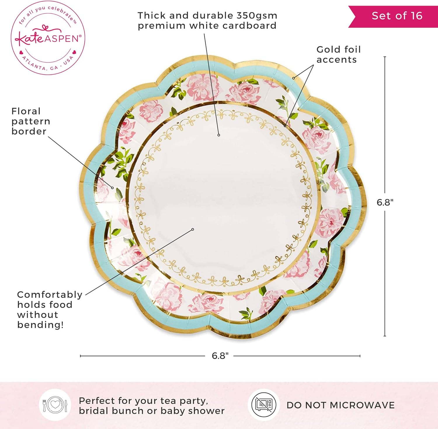 Kate Aspen Vintage Floral Tea Party 7 Blue (Set of 16) Premium Decorative Paper Plates, One Size, Multi image number 2