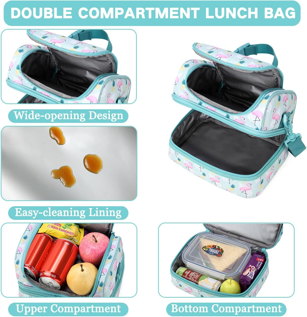 Lunch Box Bag Kids,Vaschy Insulated Two Compartments Cooler Bags Girls/Women W Shoulder Strap for School,Daycare,Kindergarten,Picnic Flamingo - Black image number 2