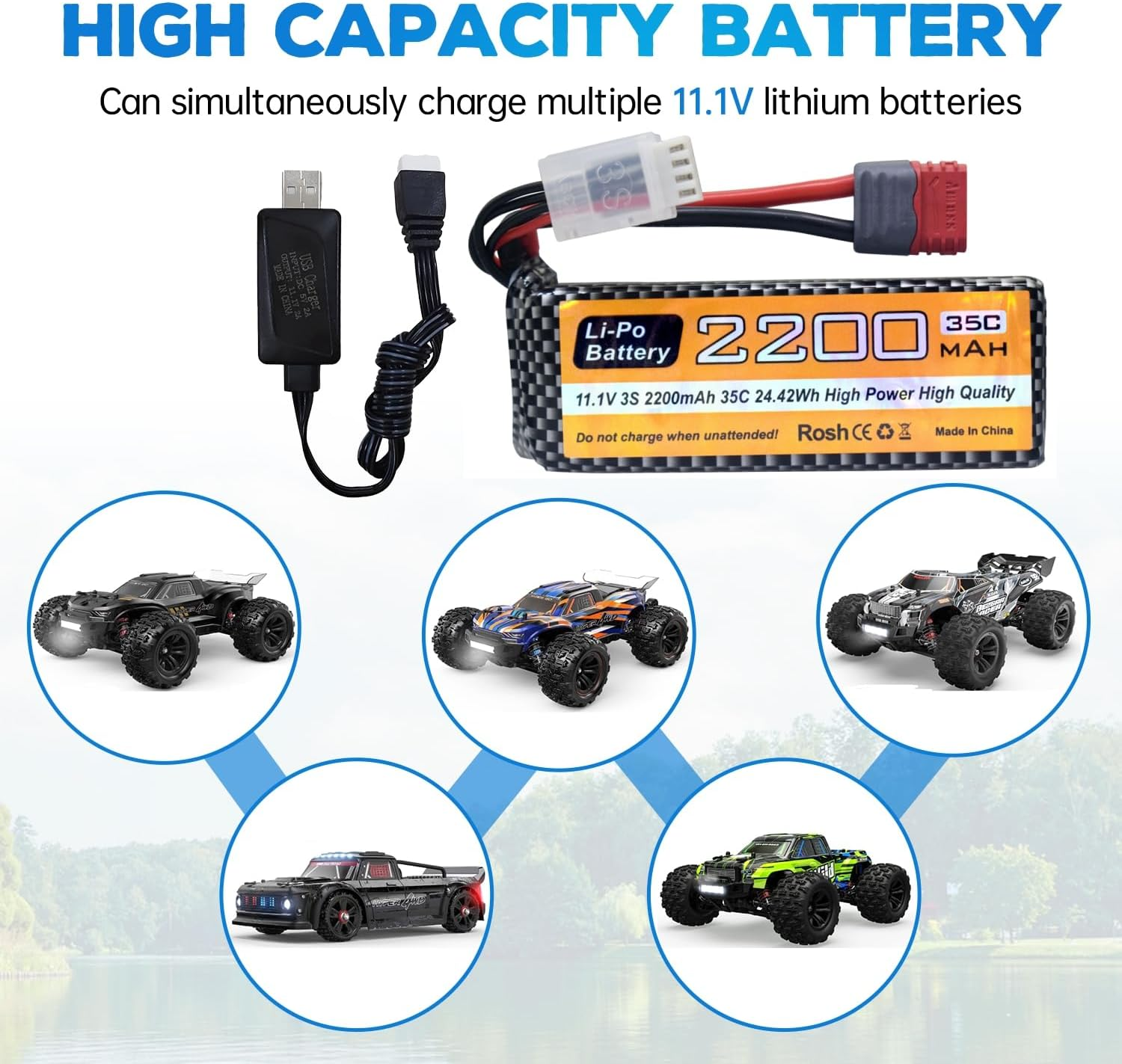 11.1V 2200Mah 35C 3S Lipo Battery with T Plug and USB Charging Cable Suitable for MJX H16P H16E H16GT H16BM H16PL 14301 RC Car High-Speed Drift Model Toy Car Upgrade Battery image number 4