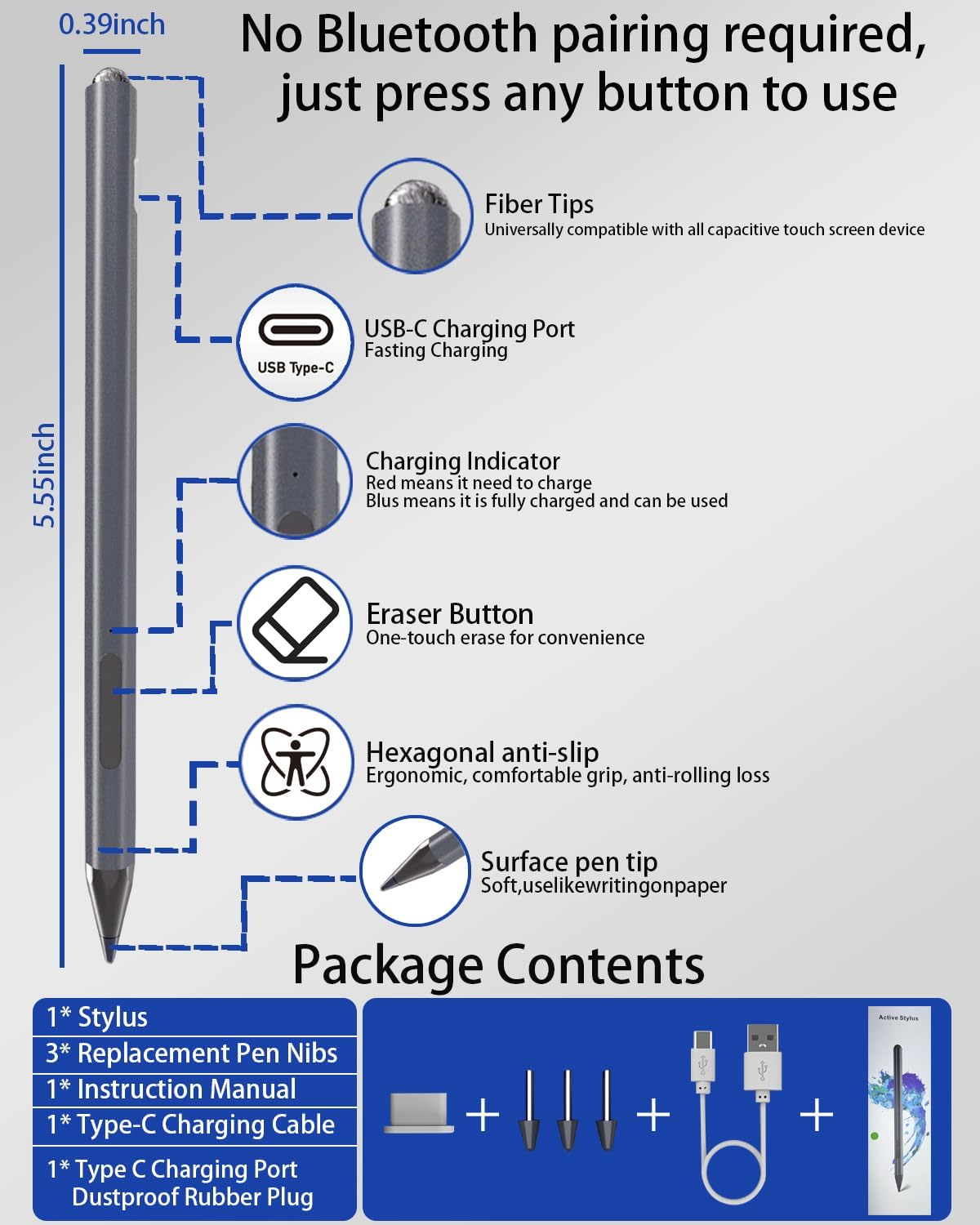 USI 2.0 Stylus Pen - for Amazon Fire Max 11, Google Pixel Tablet and Lenovo/Acer Some Chromebook, 2025 Upgraded 4096 Pressure USB-C Fast Charging Ergonomic and Anti-Slip Slight Hexagonal USI Pen image number 6