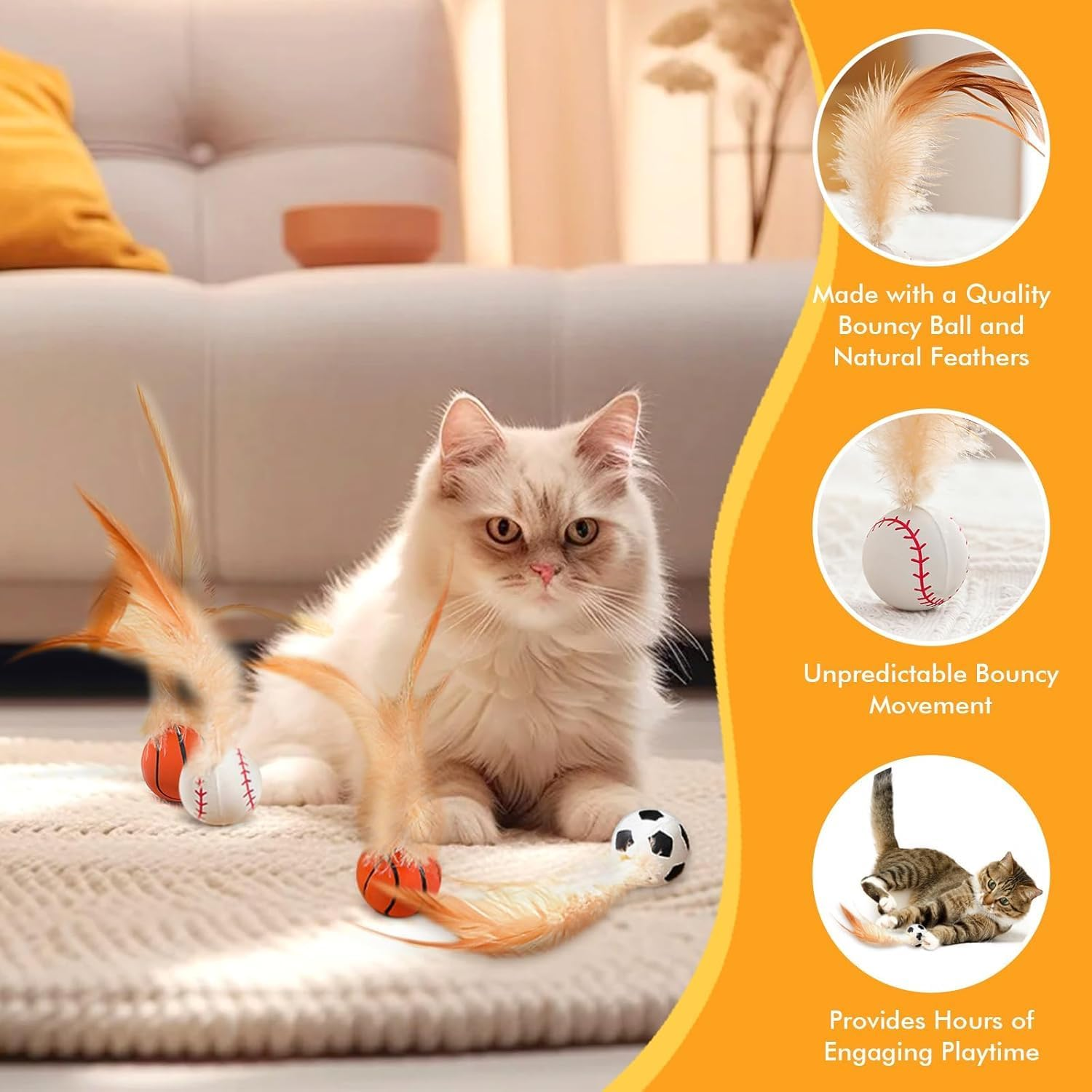 6PCS Interactive Feather Ball Toy for Cats, New Cat Bouncy Ball with Feather Tails, Elastic Cat Toy Balls Silicone Rolling for Indoor, Rolling Balls for Cats Playing Exercise image number 3