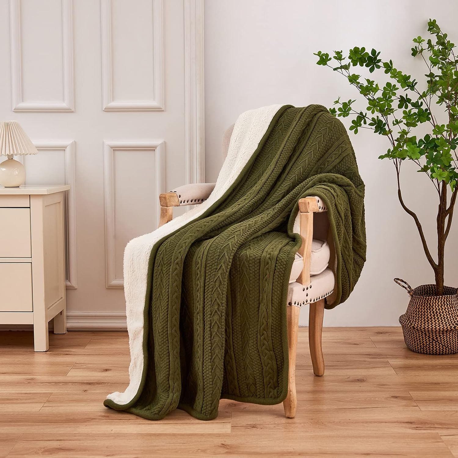 Longhui Bedding Olive Green Acrylic Cable Knit Sherpa Throw Blanket - Thick, Soft, Big, Cozy Knitted Fleece Blankets for Couch, Sofa, Bed - Large 60 X 80 Inches Coverlet All Season image number 6
