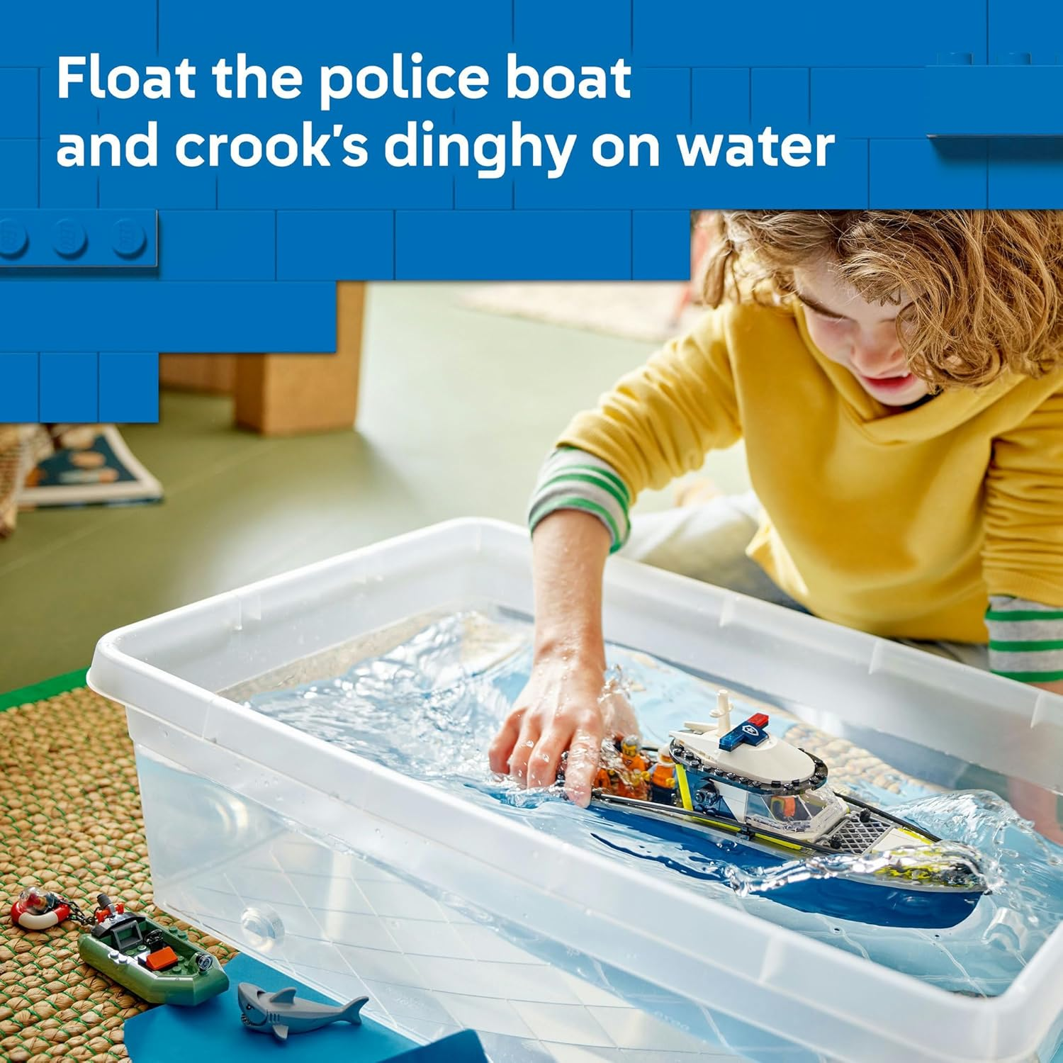 LEGO&reg; City Police Boat Chase 60456 Toy Building Set, Floatable Speedboat and Crook&rsquo;S Dinghy, Toy Idea for Everyday Heroes Aged 6 and Up, 1 Crook and 2 Police Officer Minifigures, plus a Shark Figure image number 1