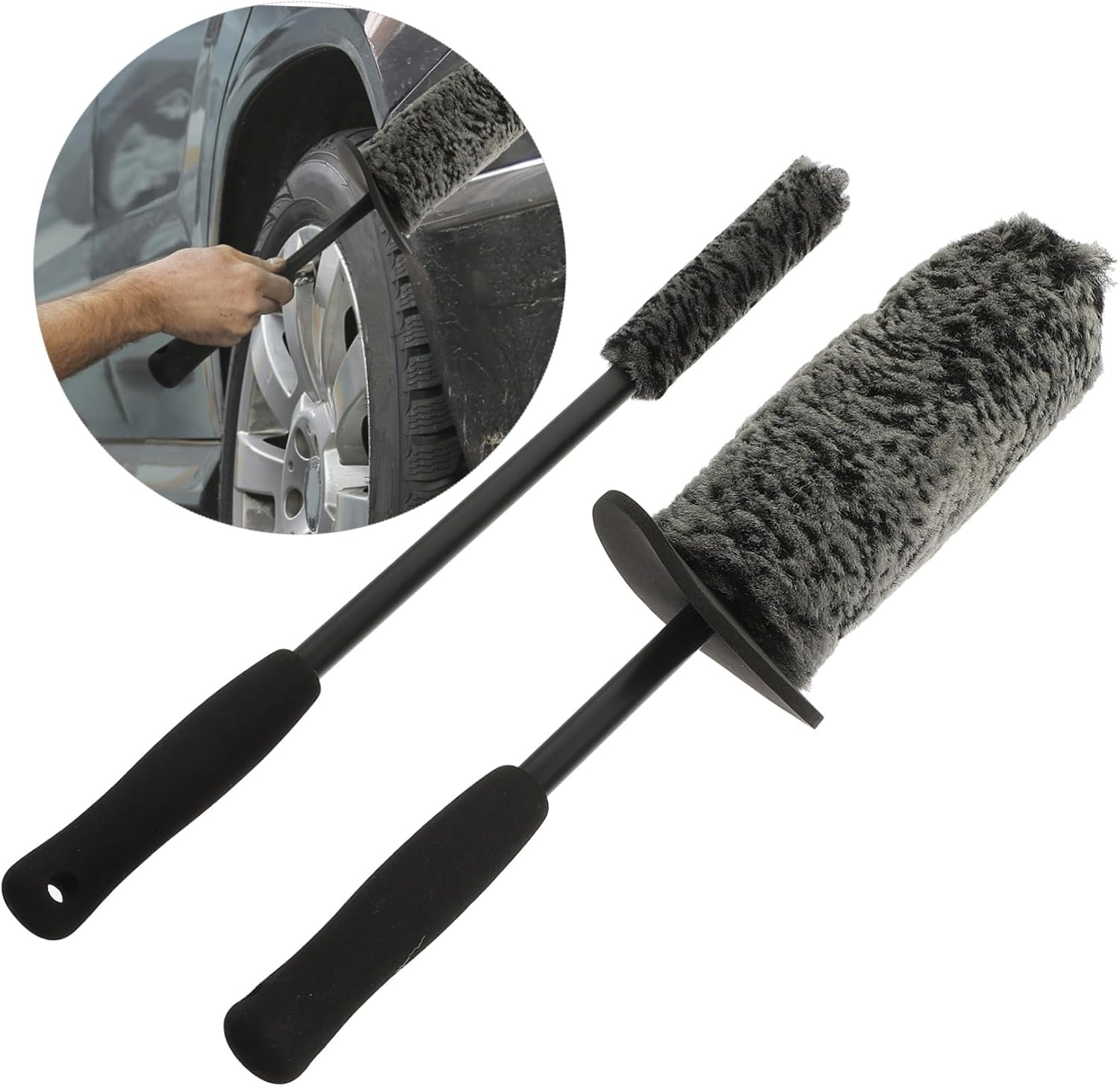 HAPINARY Car Wheel Cleaner Brush and Rim Cleaning Brush 2Pcs Set, Synthetic Fiber, Black-Grey, for Vehicle Detailing and Tire Cleaning, Automotive Wheel Care Tool for All-Season Use image number 5
