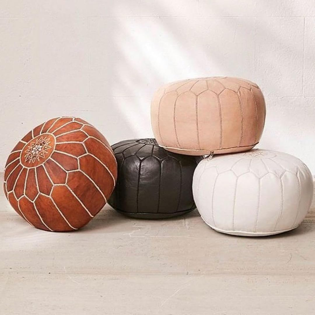 Tan Brown Moroccan Leather Ottoman Pouffe image number 3