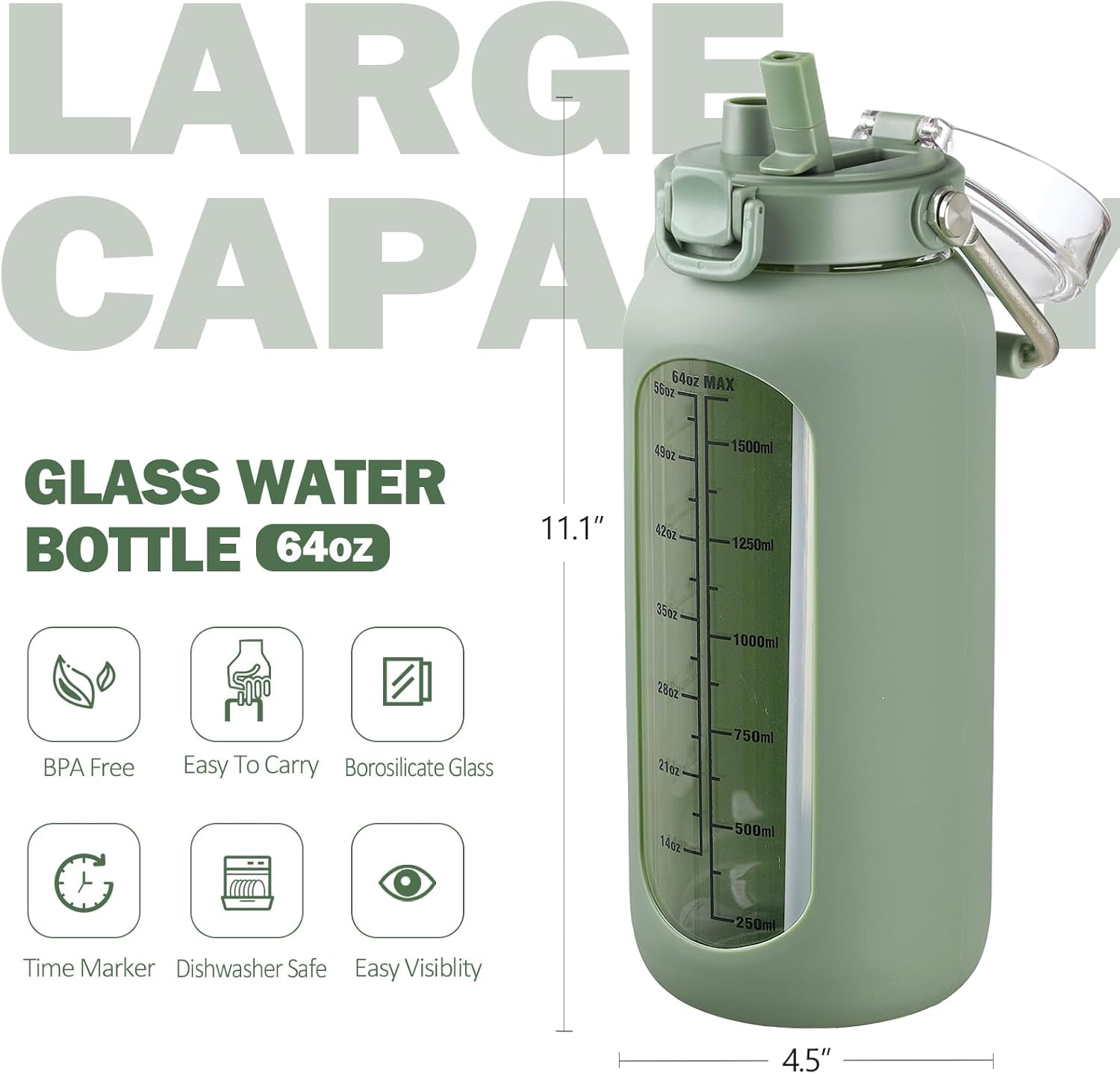 BLUEGO 2000 Ml Glass Water Bottle with Stainless Steel Handle and Time Marking, 2 L Drinking Bottle, Borosilicate Glass with Silicone Cover and Straw for Gym, Office, Outdoor, Sports, Water Bottles image number 1