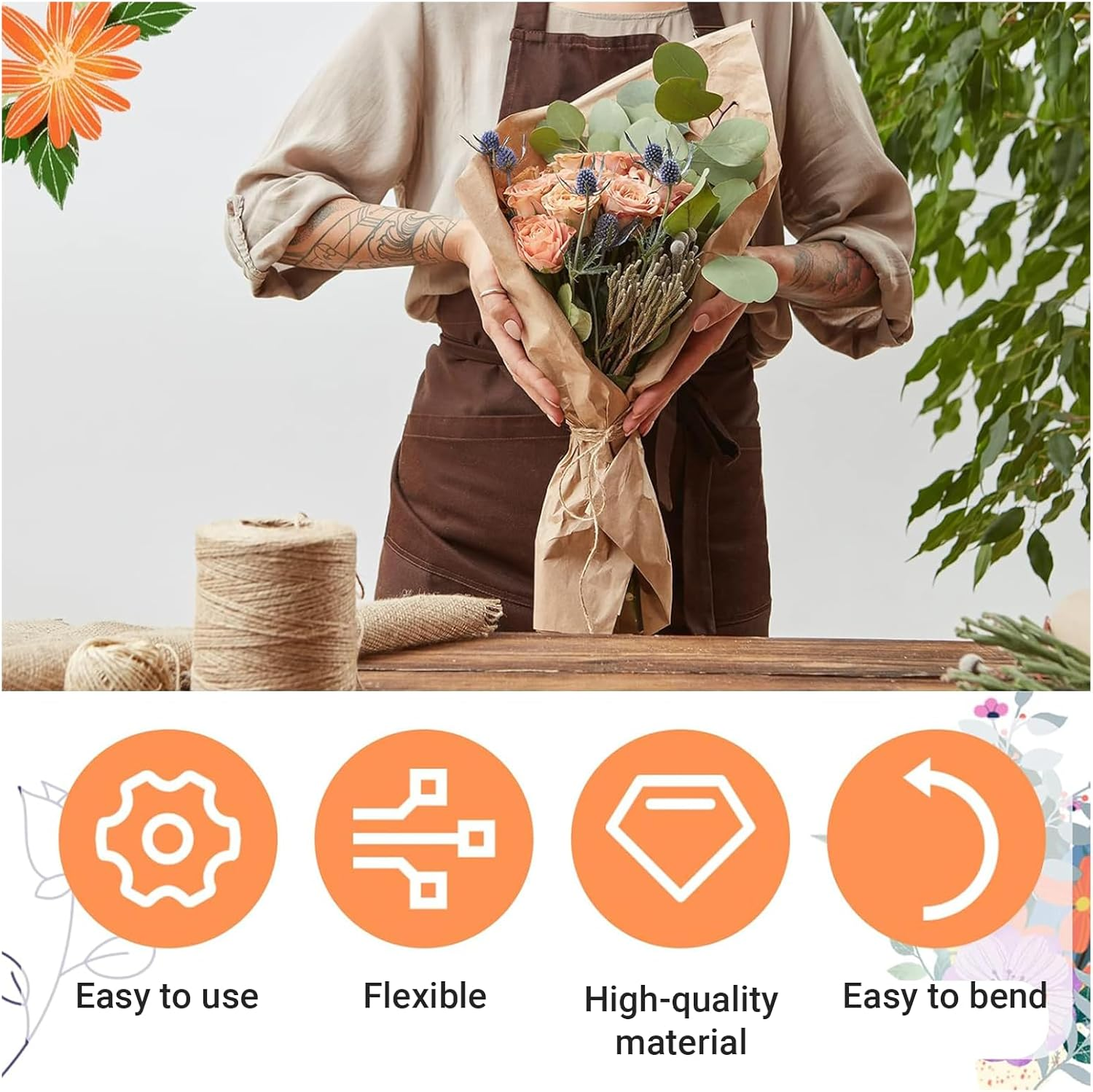 JOWILIN 100 Pcs 40Cm 2 Gauge Dark Green Floral Stems Wire with 2 Rolls Floral Tape, 2Mm Crafting Flower Plastic Wrap Stem for Artificial Flowers Making, DIY Crafts Bouquets, Climbing Plants Support image number 4