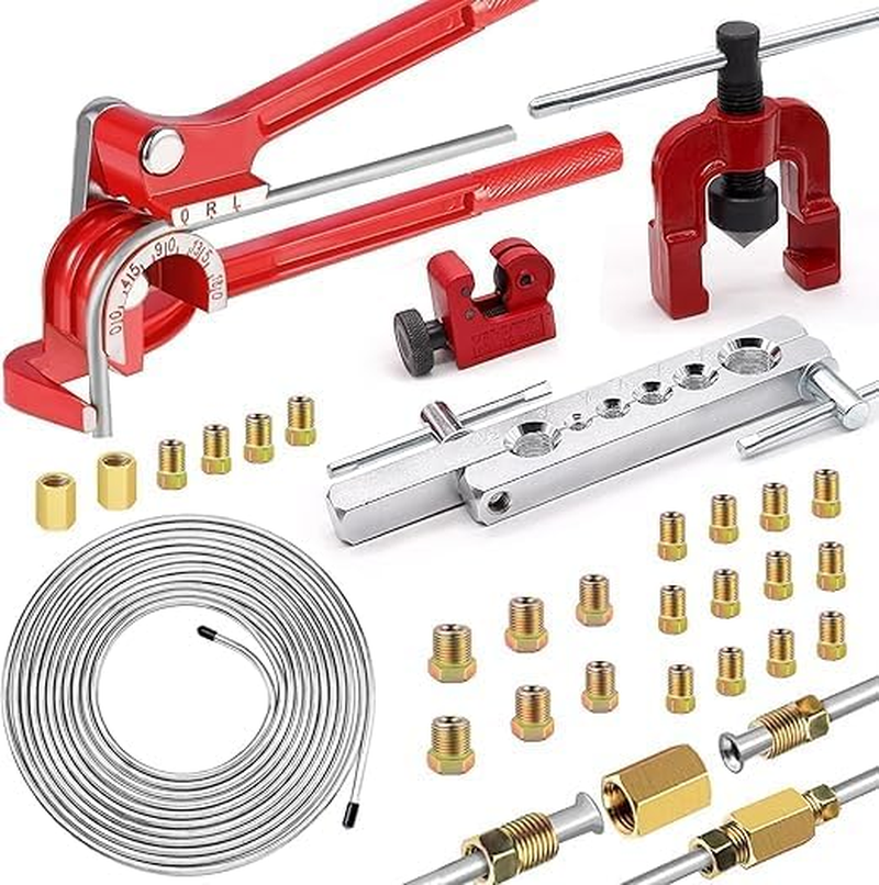 26Pack 3/16 Inch Brake Line Kit Include 25 FT Zinc-Plated Brake Lines with Fitting(16Pcs Fittings,2Pcs Union+4Pcs Nut) Brake Line Bender,Single Flare Tool,Cutter 3/16 Inch Brake Line Kit