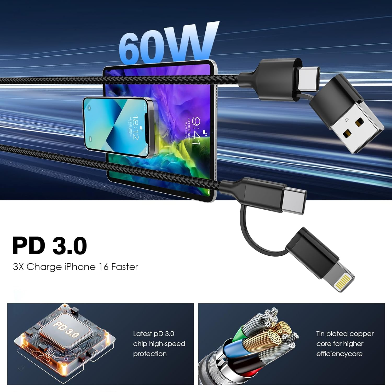 6M Extra Long Phone Charger Cord,Fast Charging USB-C and Lightning Cable 2 in 1 60W 6M USB C Charger Long Apple Charging Cord for Phone 17/16/15/14/13/12/11,Ipad,Macbook,Charge in Bed, Sofa image number 5