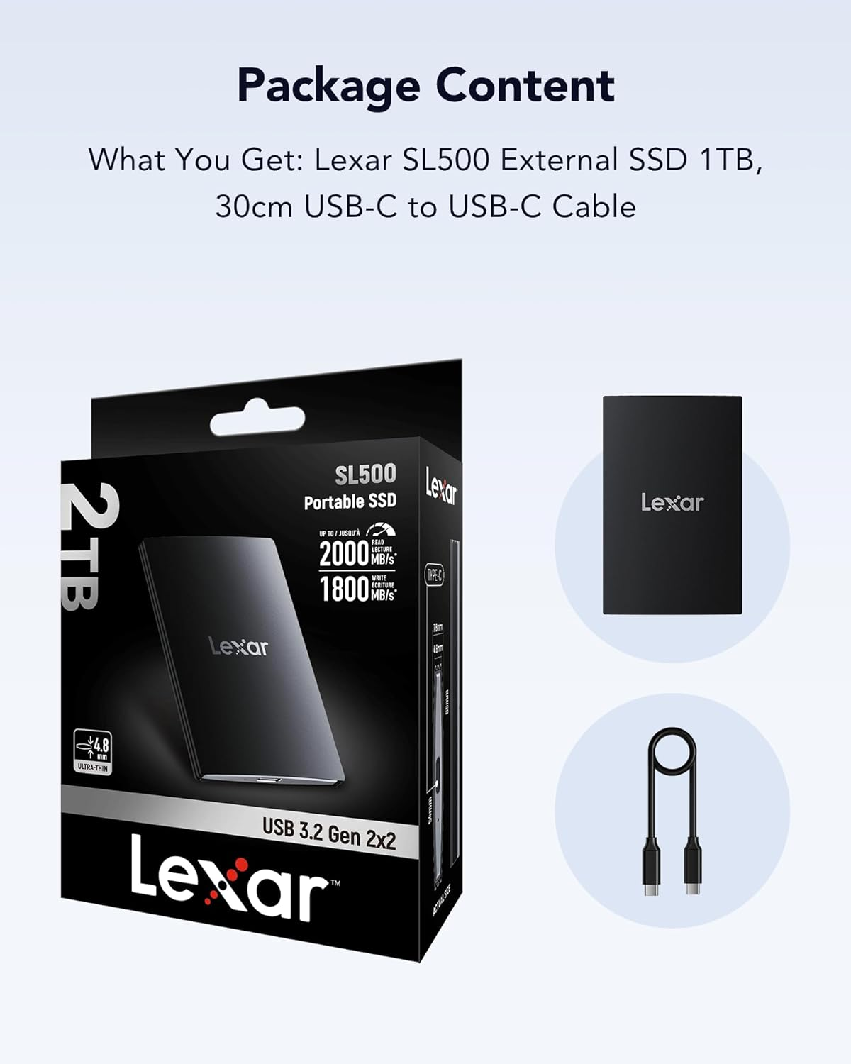 Lexar SL500 External SSD 1TB, USB3.2 Gen2X2 Portable SSD, PSSD up to 2000Mb/S Read, 1800Mb/S Write, External Solid State Drive for Iphone15 Series/Mac/Ps5/Xbox/Laptop/Pc (LSL500X001T-RNBNG)