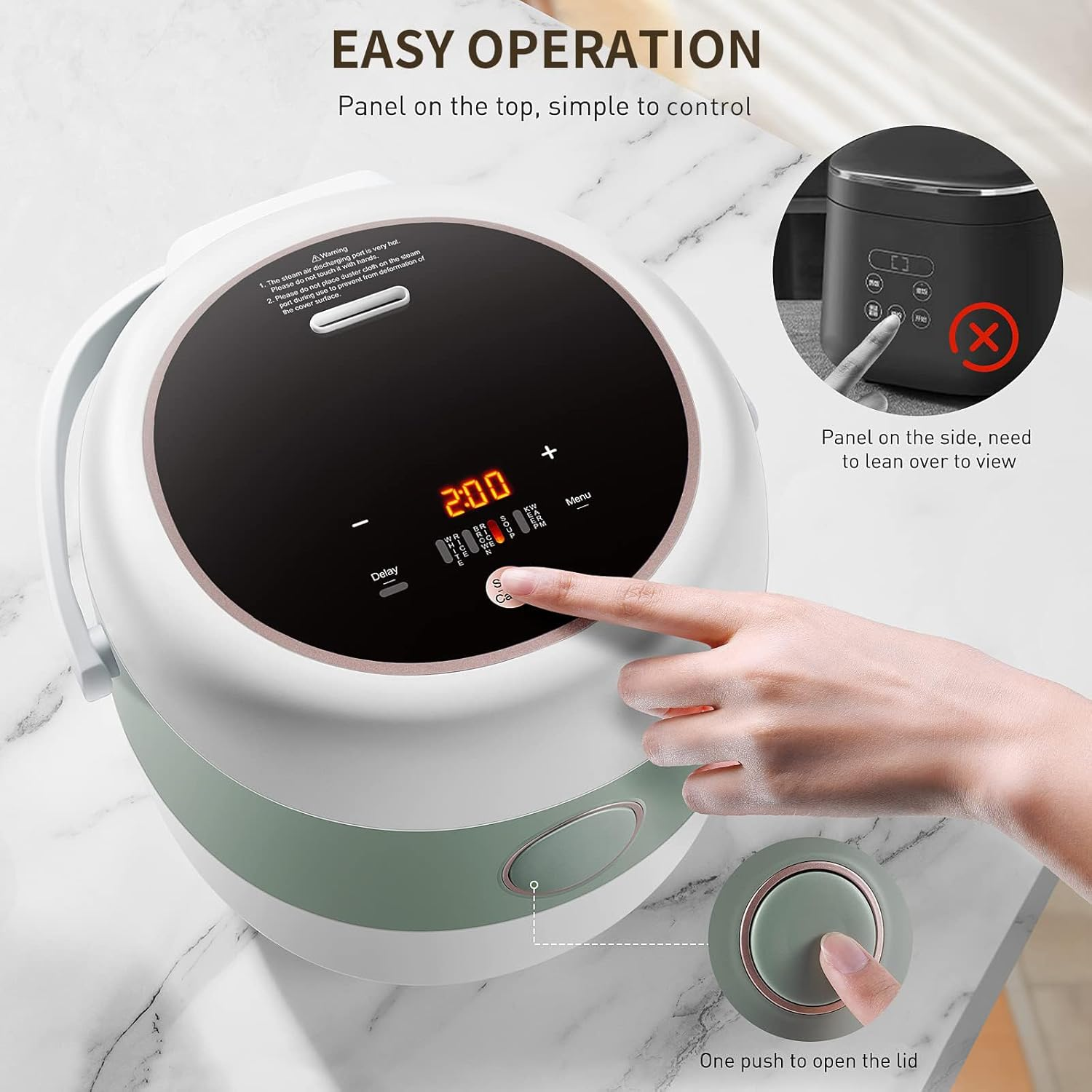 Mini Rice Cooker, 1.6L Portable Healthy Nonstick Small Rice Cooker with Food Steamer, 12H Pre-Set Function, Touch-Screen, for White Brown Rice Quinoa Oatmeal Soup, Bpa-Free, White image number 1