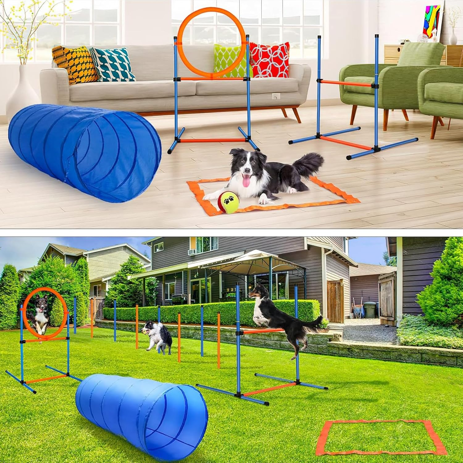 Dog Agility Training Equipment, Dog Obstacle Course Training Starter Kit Includes Tunnel, Weave Poles, Adjustable Hurdle, Jump Ring, Pause Box,Carrying Bag, Pet Outdoor Games image number 4