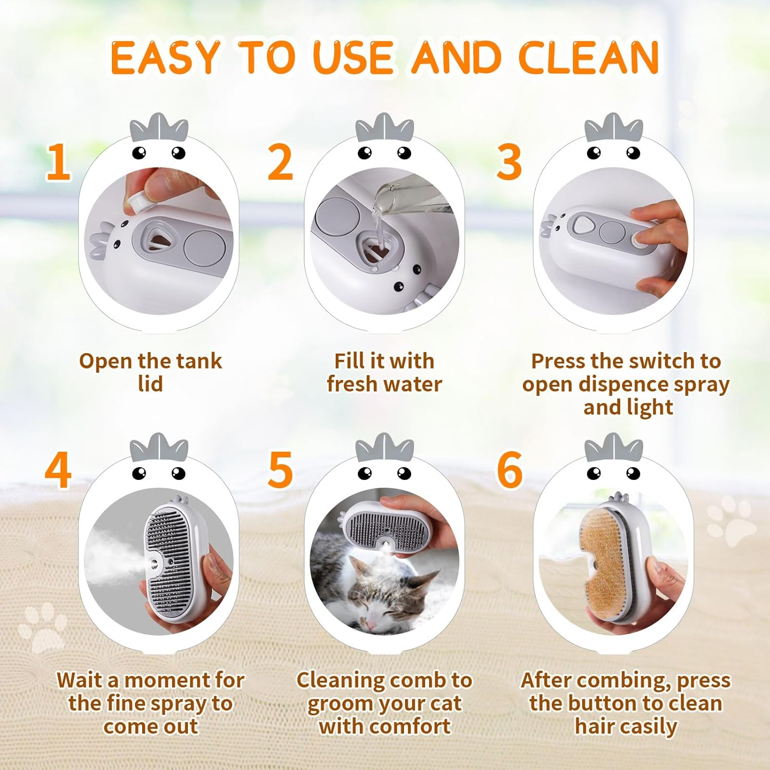 TOHDHC Cat Steam Brush, Spray Cat Brush with Release Button, Self-Cleaning Steam Pet Brush for Cat Shedding, Cat Grooming Brush for Removing Knots, Loose Hair image number 2