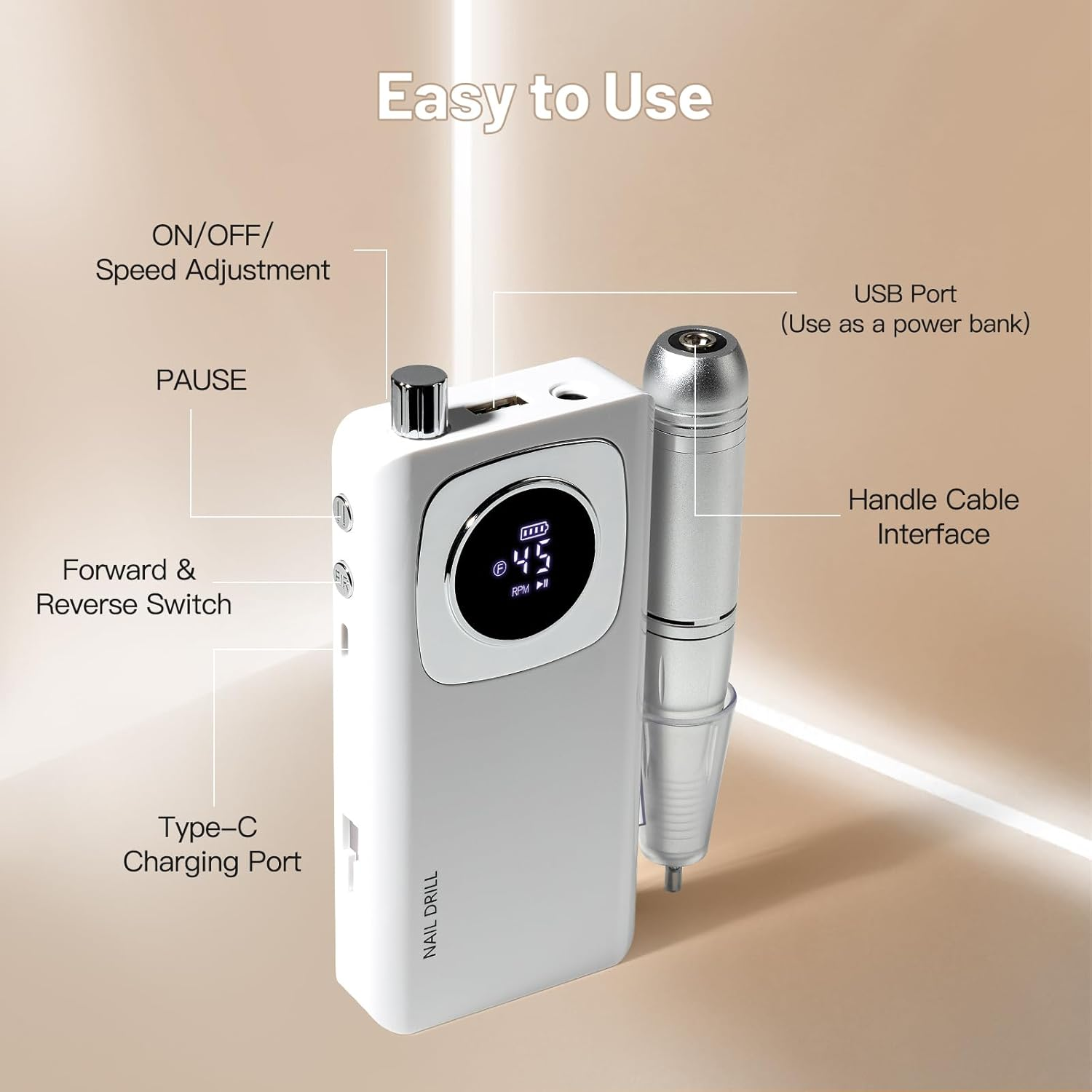 Rechargeable Electric Nail File Professional: Madenia 45000RPM Portable Efile Nail Drill Kit, Cordless E File Nail Drill Machine for Acrylic Gel Nails Salon Home Manicure Use, White - White image number 5