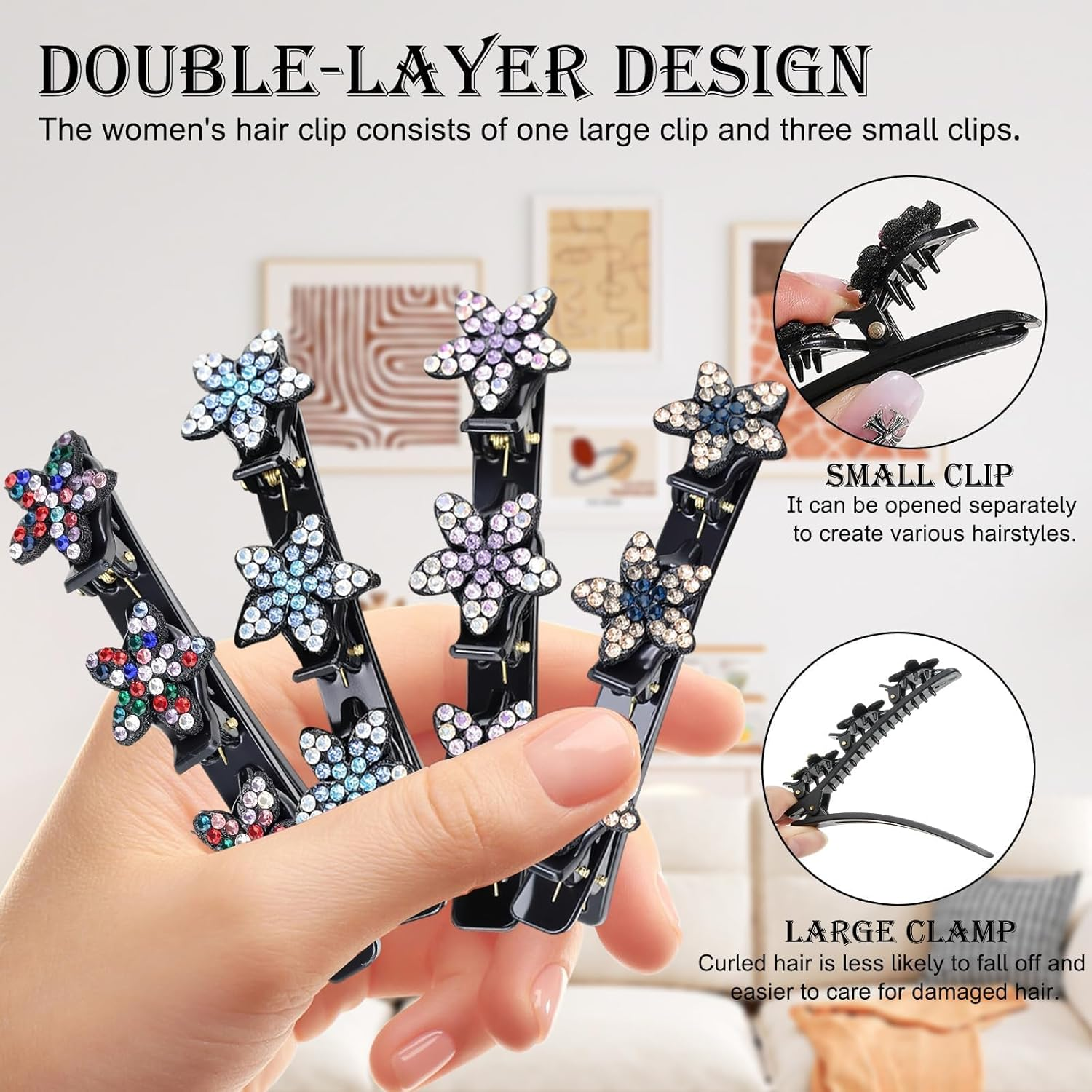 HSUYUN Pack of 4 Sparkling Double Layer Hair Clips, Women'S Stylish Hair Clips, Flower Hair Clips, Double Layer Structure Hair Clip, Suitable for Daily Classes, Work and Dance Performances image number 2