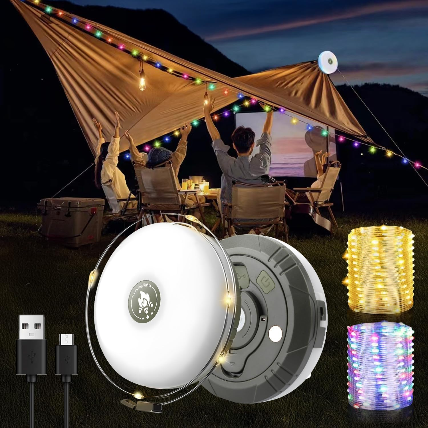 Theapro Roll up Camping Fairy Lights 10 M/33Ft String Light for Indoor Outdoor 2-In-1 IP67 Waterproof Rechargeable LED Lights for Decorative Party Diwali Festival (Warm White)