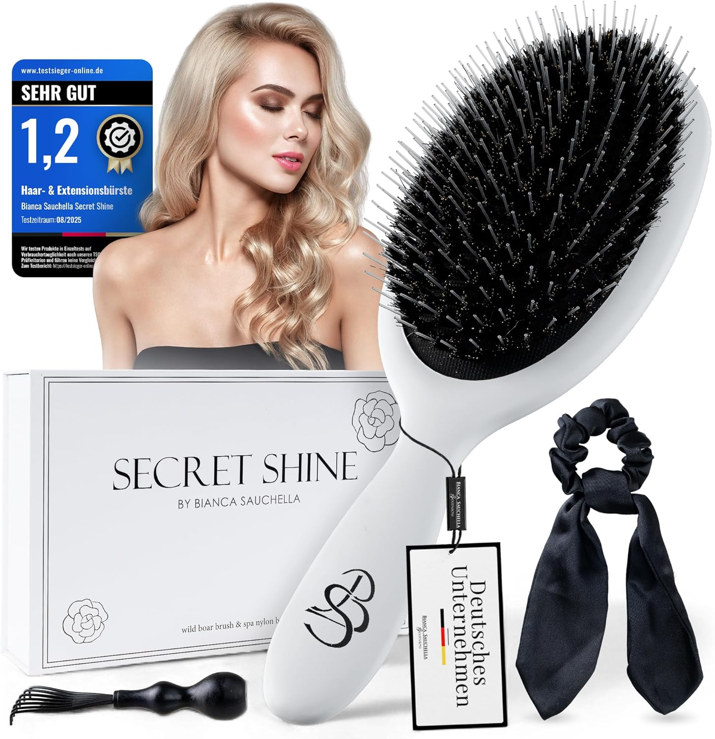 Bianca Sauchella Secret Shine Extensions Brush - Wild Boar Bristles & Keratin Pens, Anti-Frizz, Gentle without Pulling, Ideal for Tape-In, Bonding & Clip-In Extensions (White)