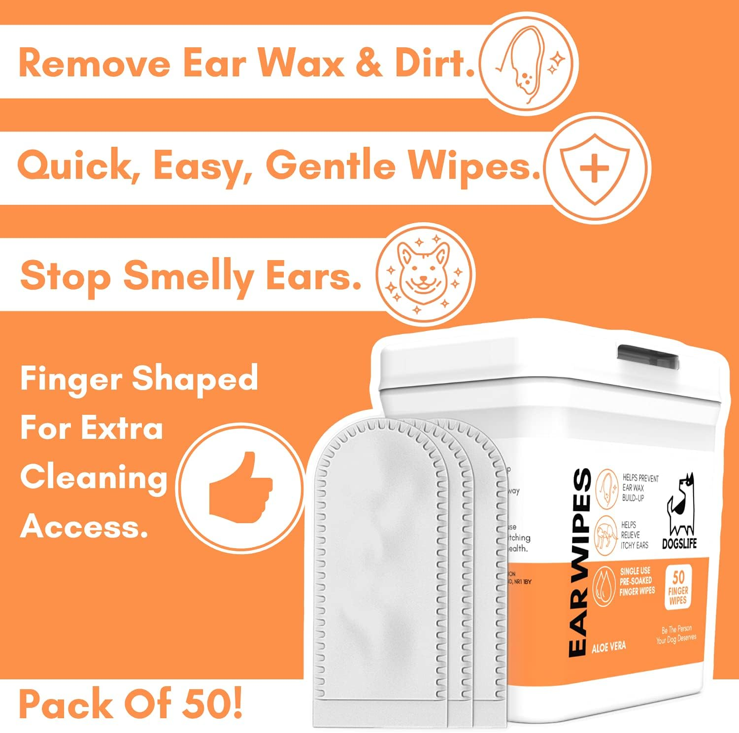 Dog Ear Wipes | Soft, Quick & Easy Ear Wipes for Dogs | Remove Wax, Dirt & Stop Smelly, Itchy Dog Ears | 50 Soothing Aloe Vera Dog Ear Cleaning Finger Wipes!