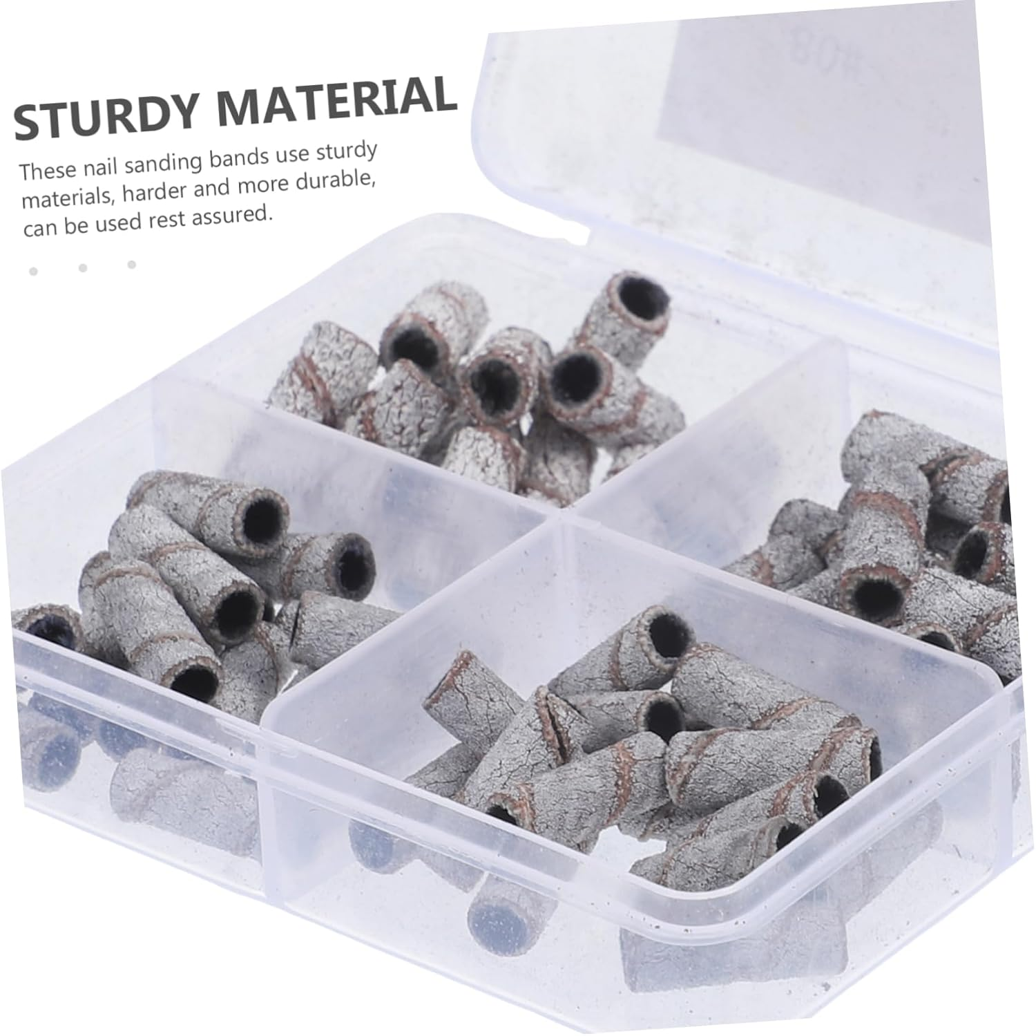 60Pcs Nail Drill Sanding Bands Assortment Mini 3.1Mm Fine Grits 80# 120# 180# 240# for Manicure and Pedicure Nail Art Filing 4-Compartment Storage Box image number 3