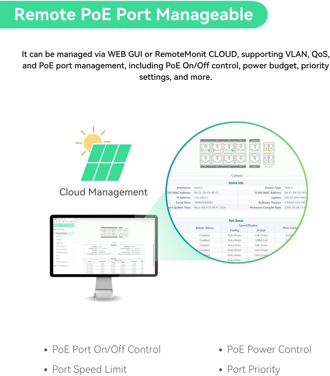 LINOVISION 4 Ports Ultrareach Poe Switch with Remote Cloud Management, up to 800M Long Range Poe and Data Transmission, 2 High-Poe+ Ports for Big PTZ Cameras image number 1
