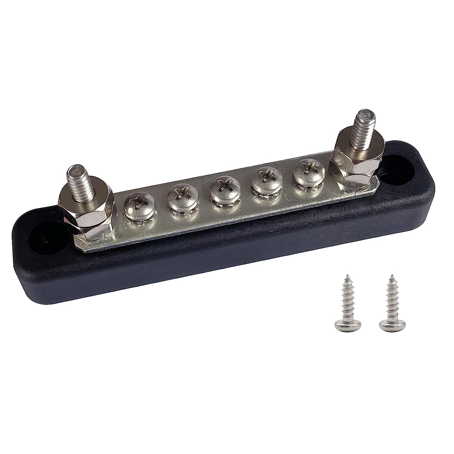 2 X #10 (M5) Studs & 5 X #8 (M4) Terminal Screws Bus Bar, Ampper 4.2" Ground Distribution Block Brass Battery Busbar Junction with Cover for Auto Boat Amplifier and More (Black) - Red  Black image number 4