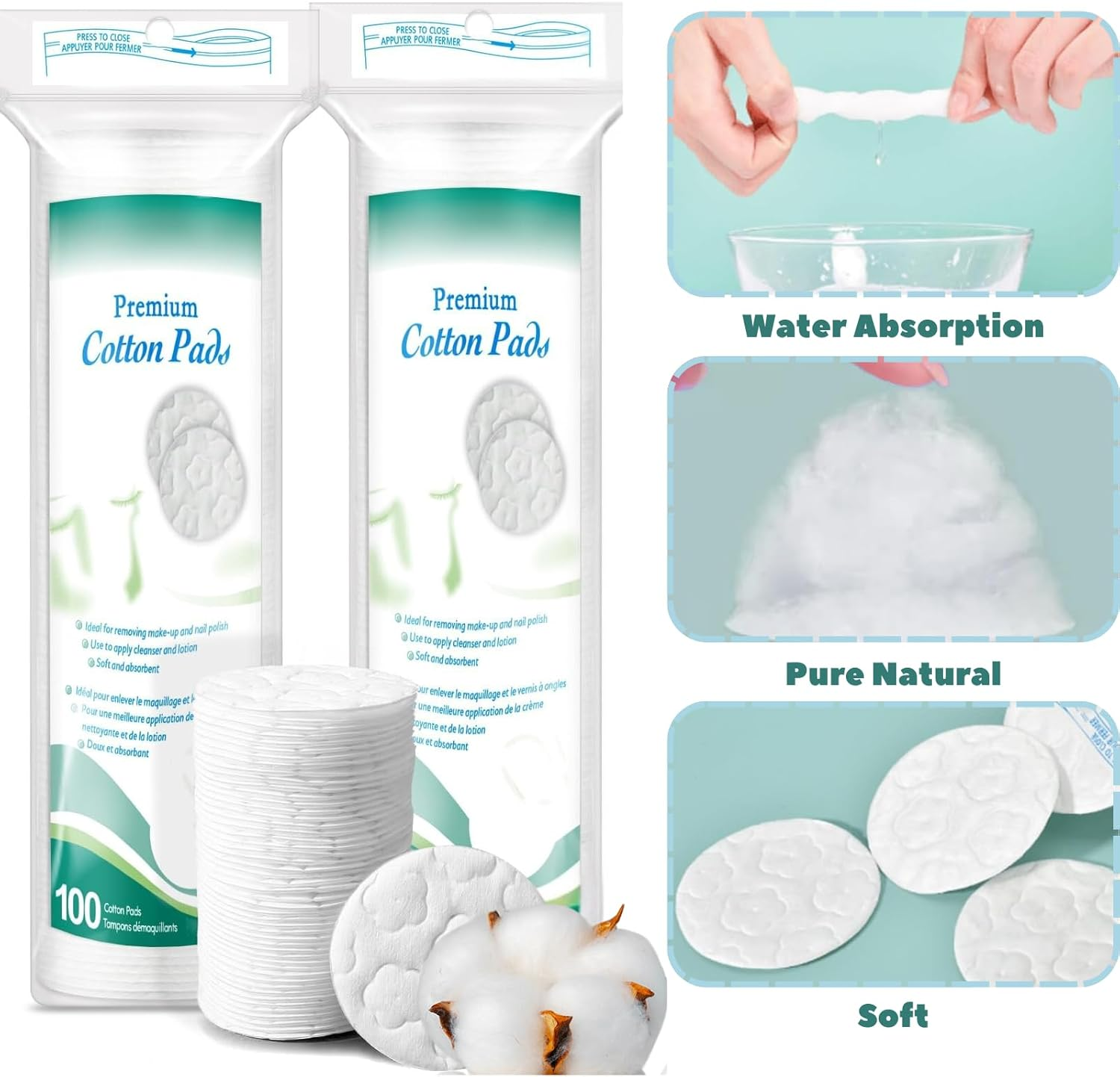 Premium Cotton Rounds, Makeup Remover Pads, Pure & Natural Facial Cleansing round Pads, Lint-Free (5 PACK, 500 Count) image number 4