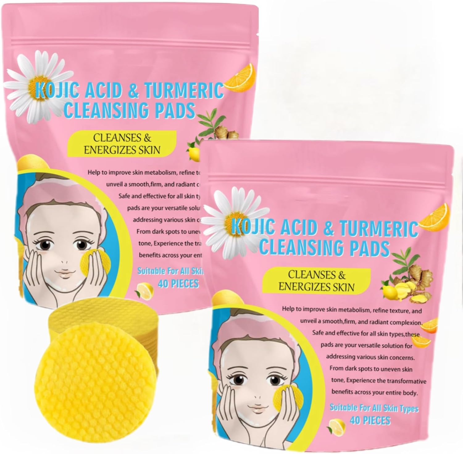 Turmeric Kojic Acid Pads, Kojic Acid and Turmeric Pads, Face Scrub Pads, Turmeric Cleansing Pads for Face, Essentials Kojic Acid Turmeric Pads for Cleansing and Exfoliating (80PCS)