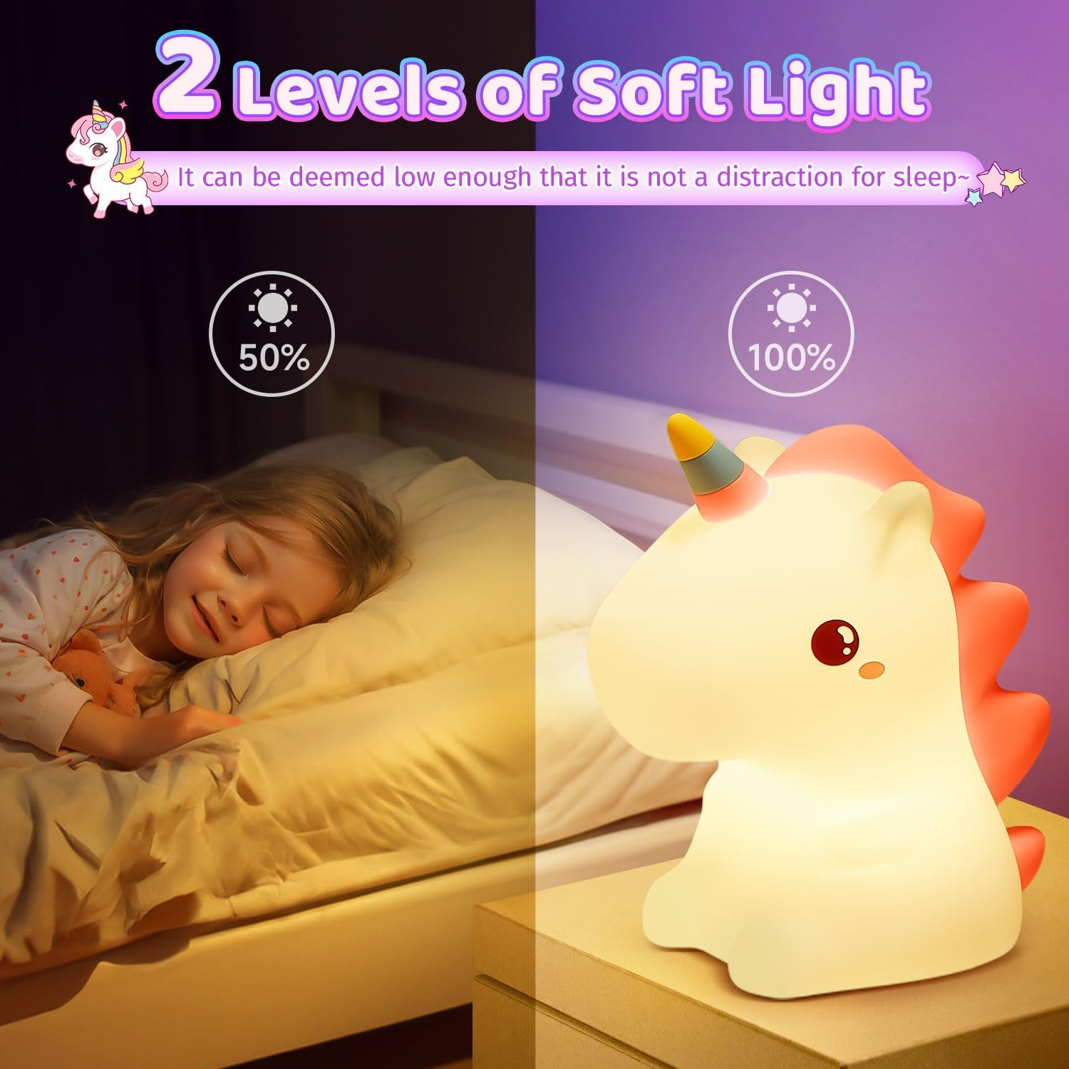 One Fire Unicorn Night Light, 16 Color Changing, LED, Rechargeable, Pink, Silicone, Kids Room Decor image number 5
