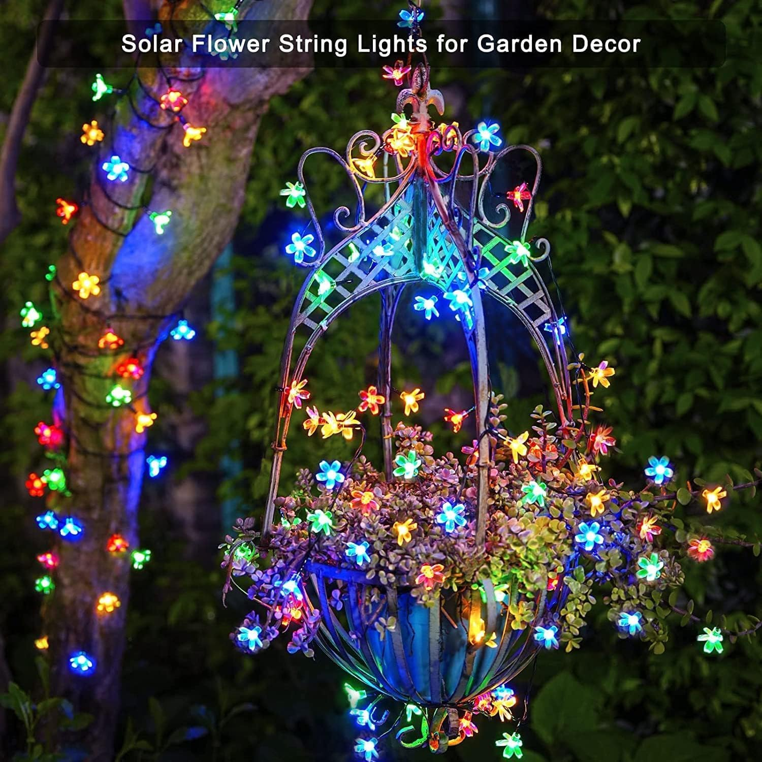 Solar String Lights Garden, 23Ft 8 Modes 50 LED Blossom Solar Powered Fairy Lights Waterproof Outdoor Flower String Lights for Patio, Yard, Home, Lawn, Party Decorations (Multicolor, 7M 50Leds) image number 3