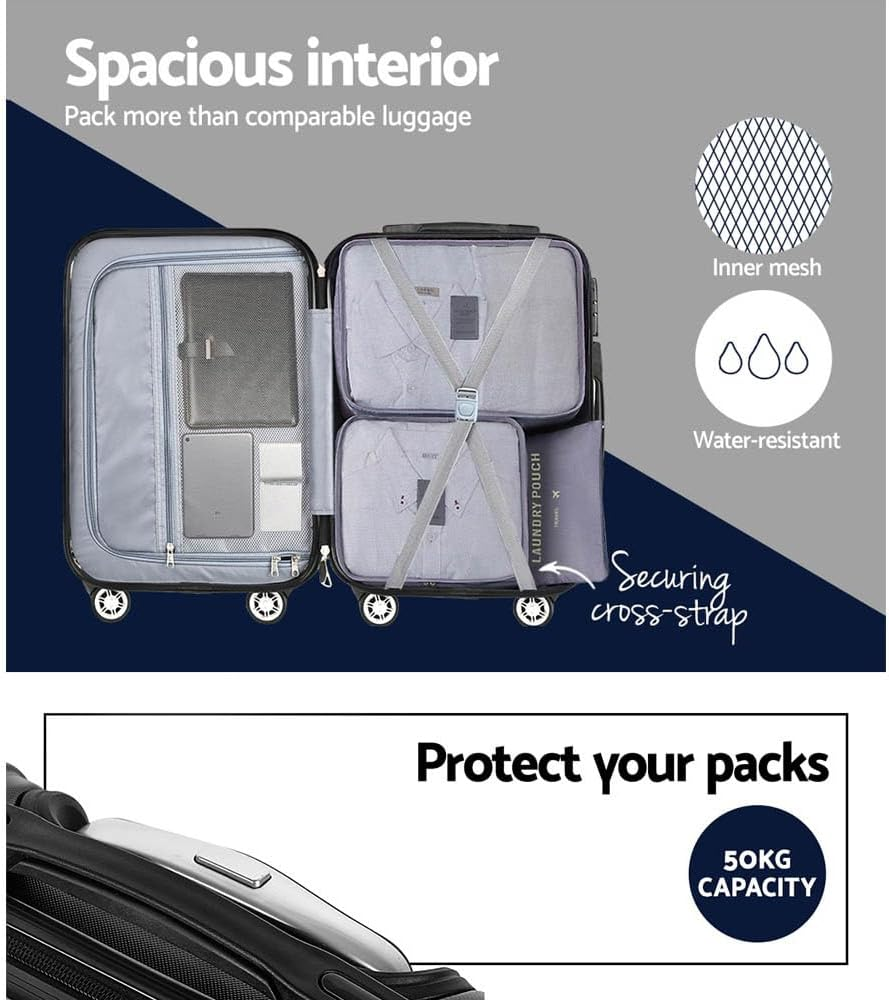 Wanderlite Luggage Set 3Pcs Black Suitcase Hand Luggages Travel ABS Hard Case Hardside Shell, Lightweight Trolley Carry on Bag, TSA Lock 6Pcs Storage Organisers