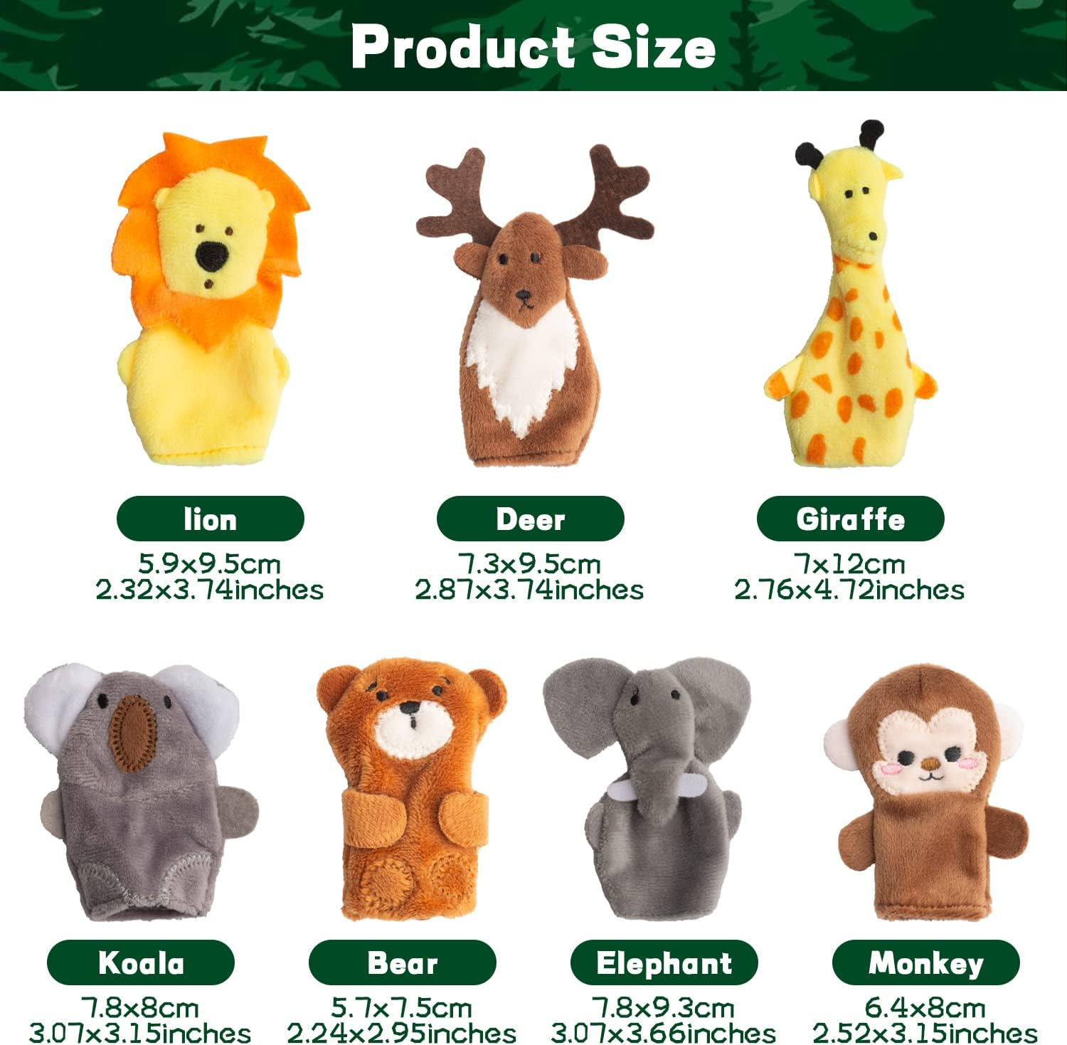Creepyparty 7 Pieces Multicolored Wild Animal Finger Puppets: Lion, Deer, Giraffe, Koala, Bear, Elephant, Monkey - Soft Velvet & Cotton, 3+ Age Range image number 5