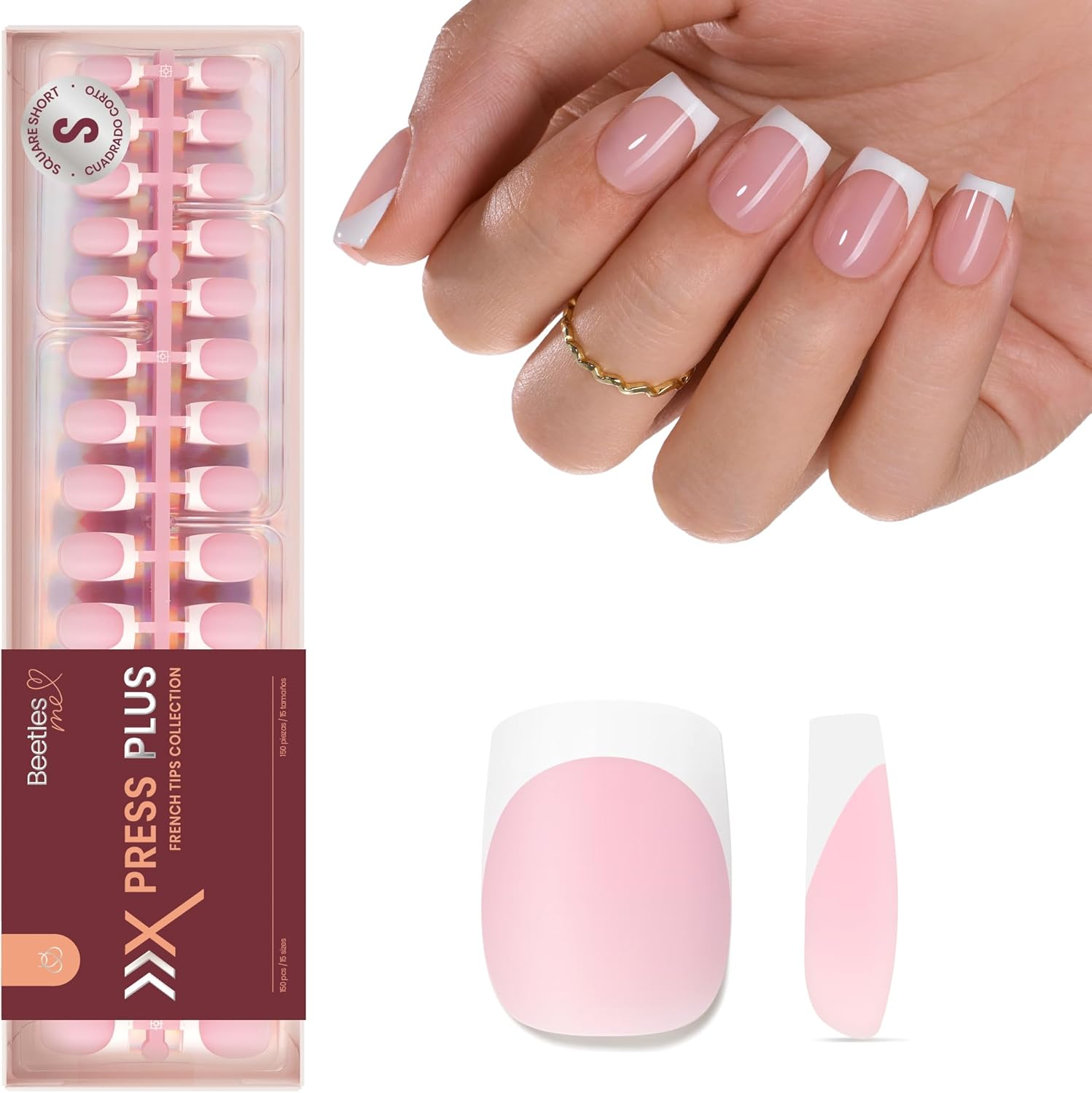 Beetles French Press on Nails 150Pcs Pink Short Square Fake Nails DIY 4 in 1 Nail Glue Pre-Applied Manicure DIY for Nail Extension image number 5