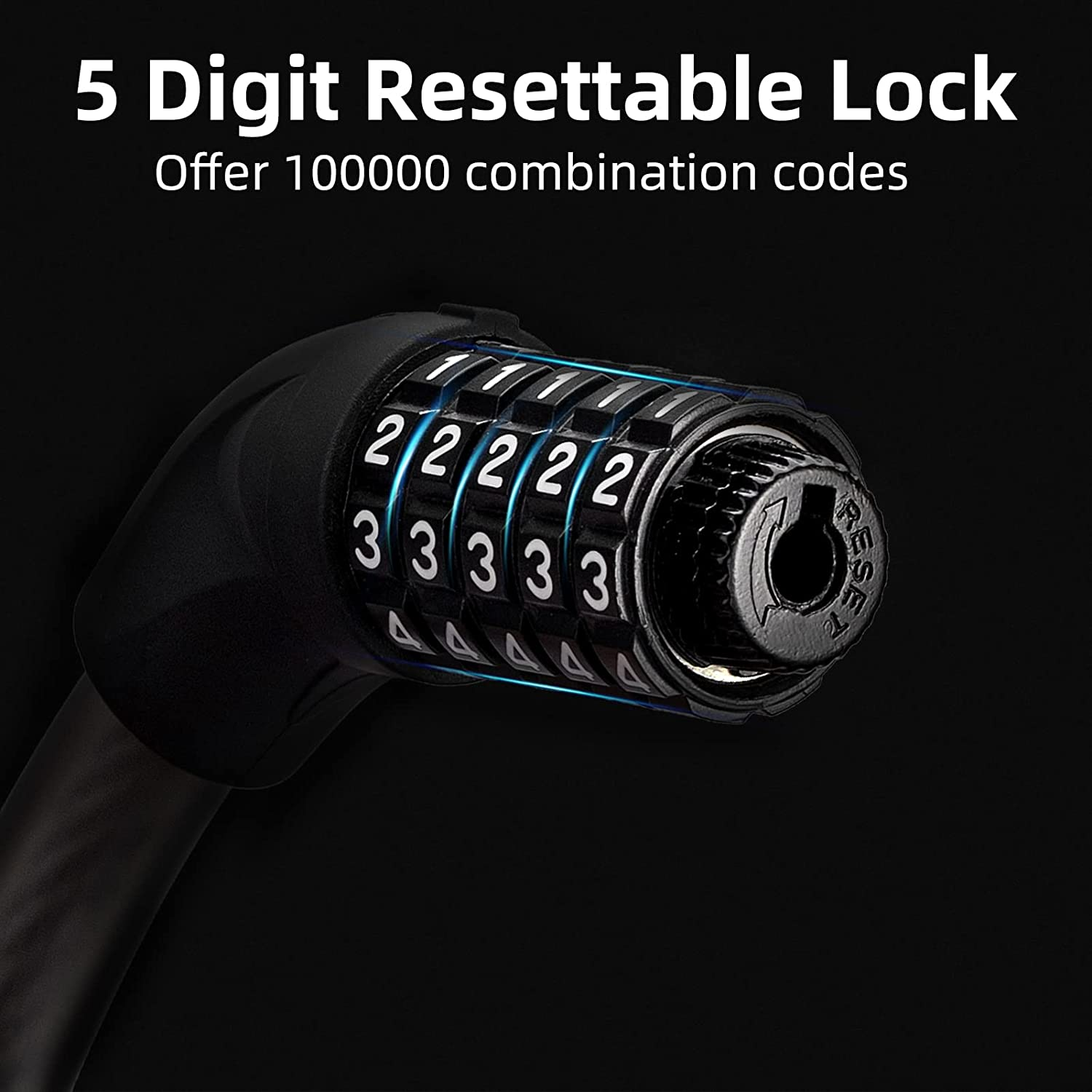 ROCKBROS Bike Lock Cable Combination Bike Lock 5 Digit Resettable Bicycle Cable Lock for Road Mountain Bike Motorcycle Scooters - Black image number 6