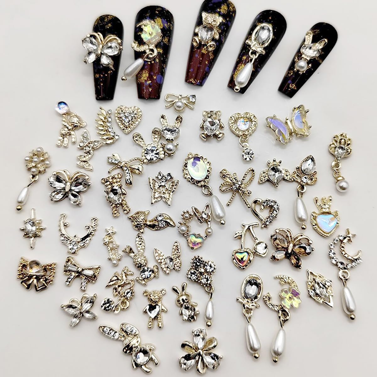 Nail Art Hearts and Bows,50Pcs Mixed 3D Gold Pearl Rhinestones Bowknot Luxury Dangle Nail Art Charms (C Mixed Pattern Gold)
