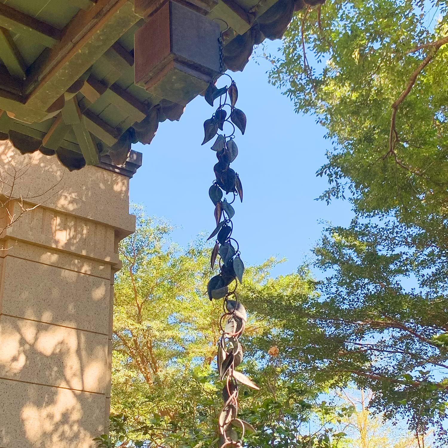 8.5 FT Rain Chain, Rain Chains for Gutters, Metal Rain Chain Downspouts, Circle with Leaves Rain Gutter Chains, Metal Rain Catcher for Outside, Decorative Your House and Garden, Verdigris image number 6